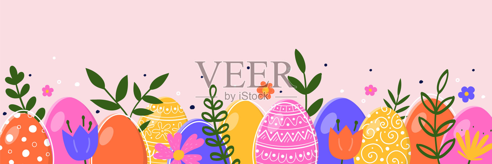 复活节横幅与手绘鸡蛋和鲜花。复活节装饰的概念。矢量图插画图片素材