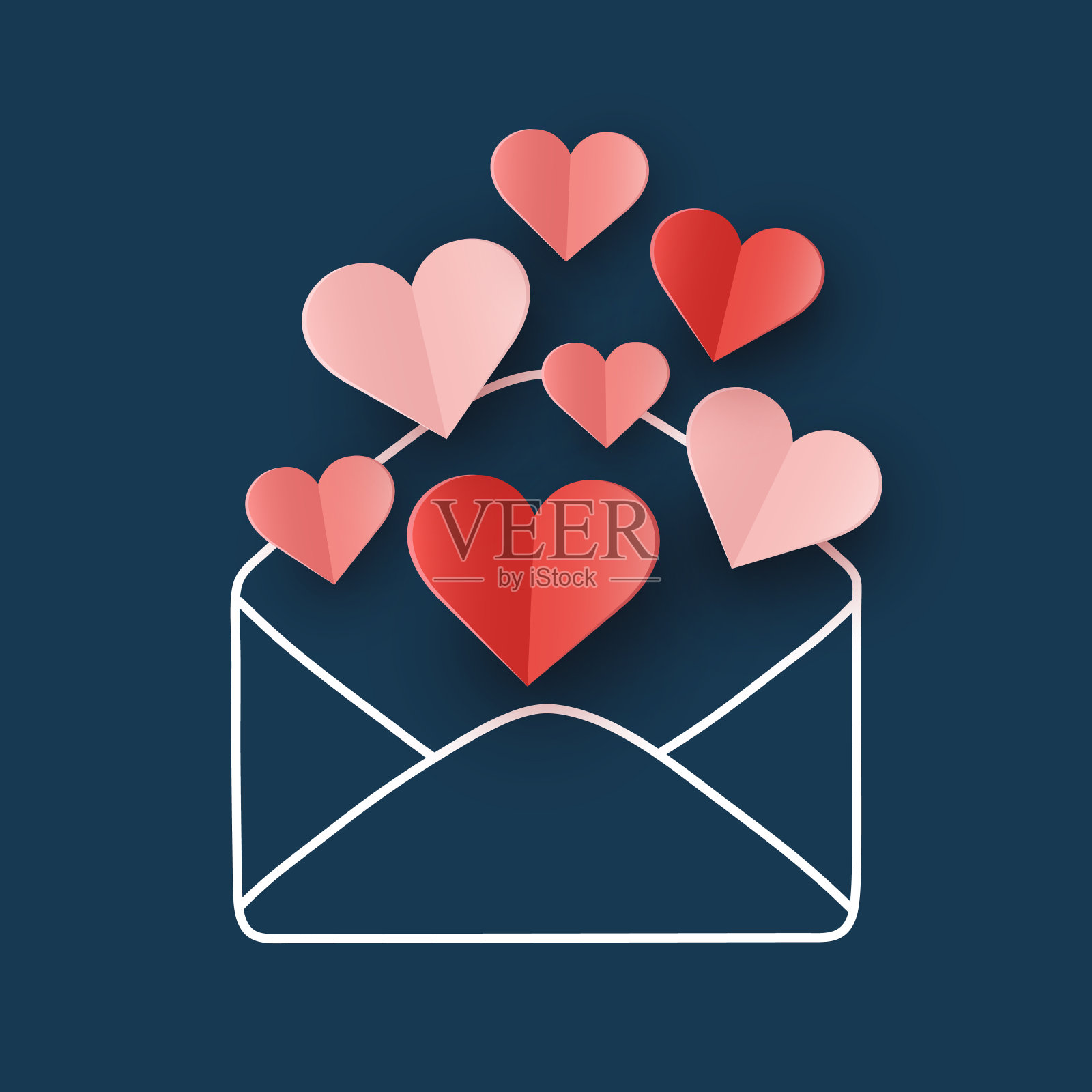 剪纸心形和信封。爱的讯息的概念。为情人节设计。矢量图插画图片素材