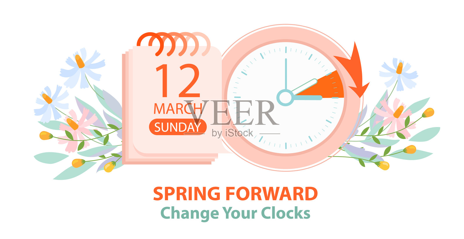 春天。日光节约时间开始概念旗帜在复古风格。插画图片素材