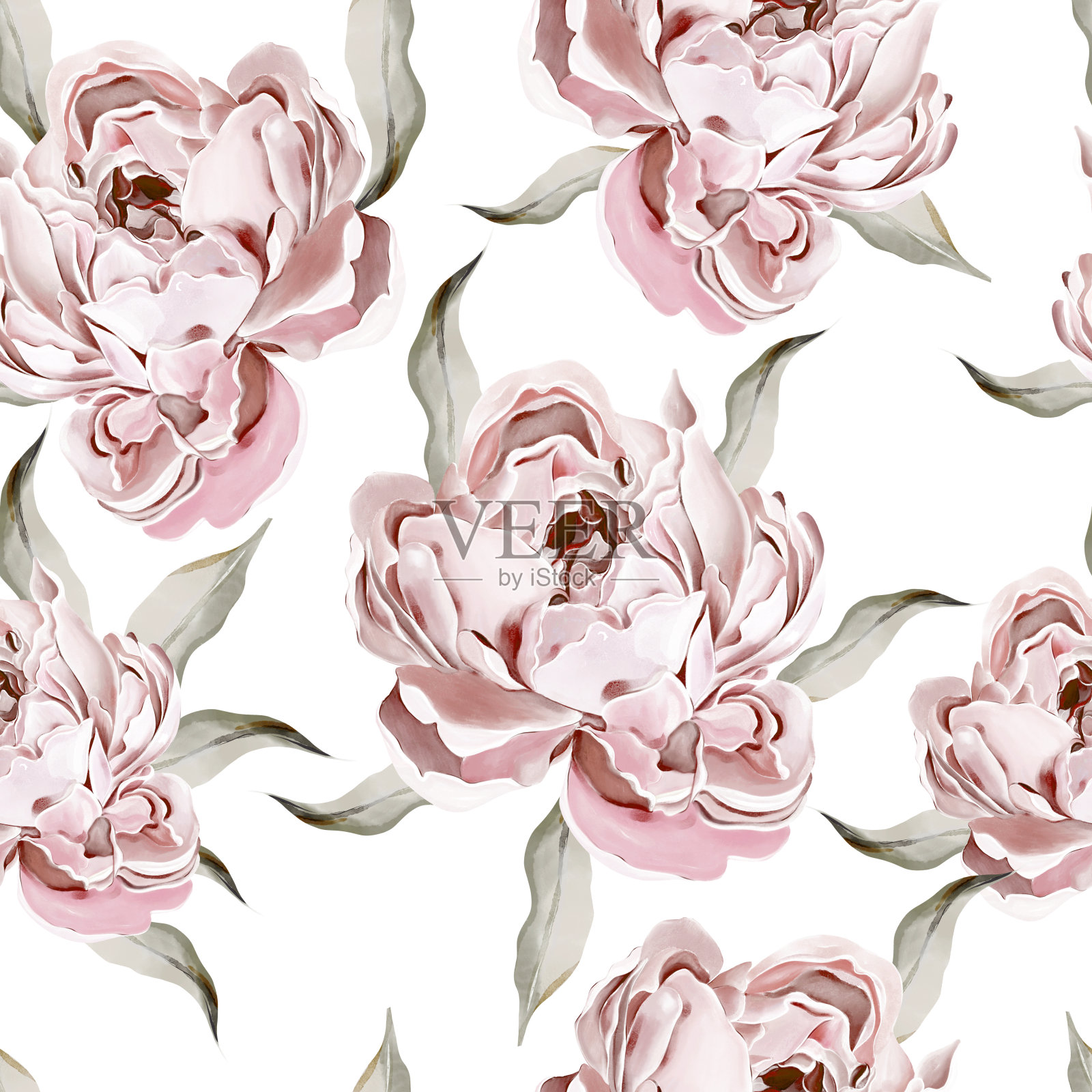 牡丹与鸢尾花无缝花纹，绿叶绿叶。鲜花婚礼卡片。插画图片素材