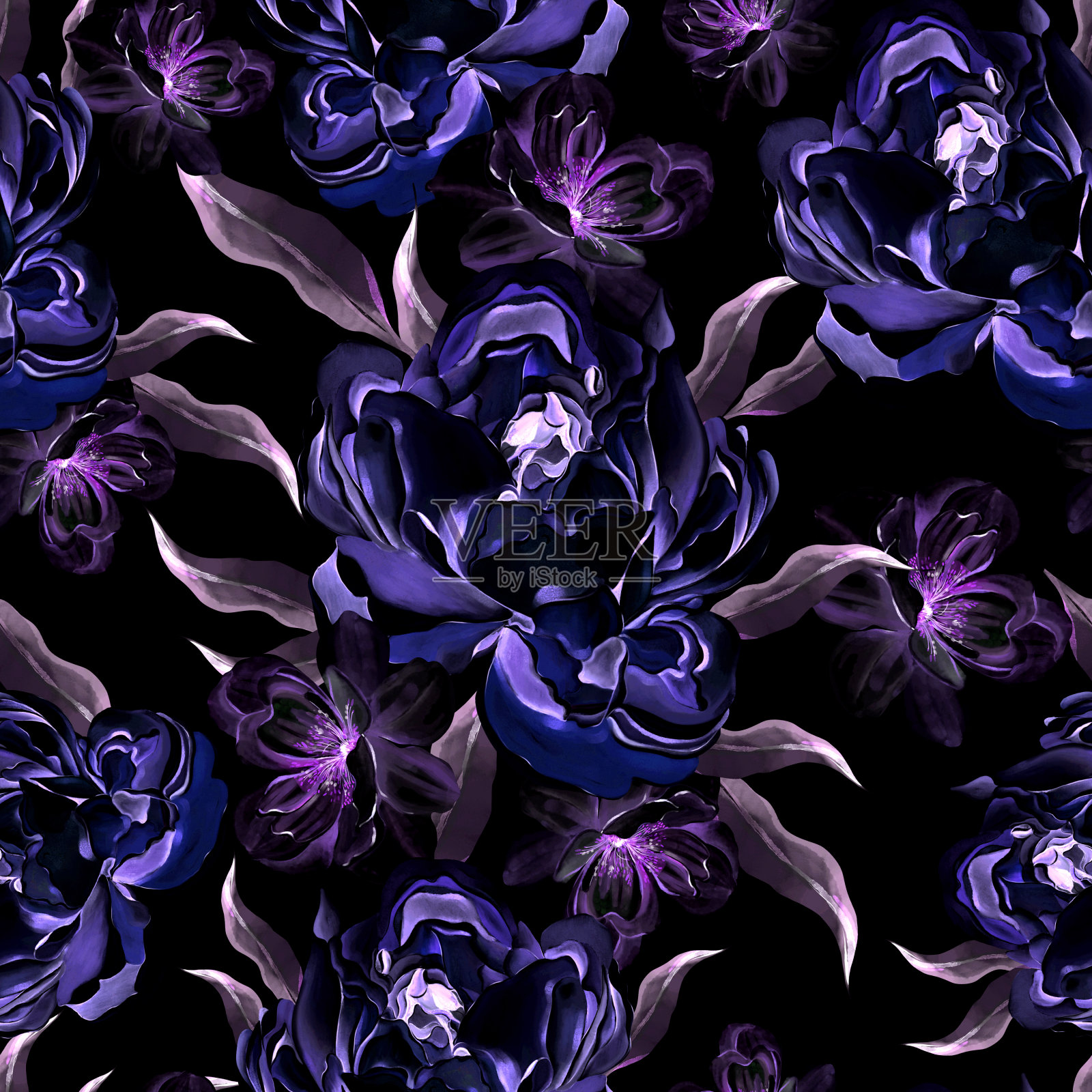 牡丹花纹无缝，绿叶绿叶。鲜花婚礼卡片。水彩插画图片素材