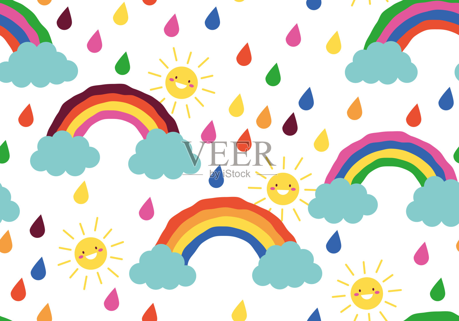 可爱的彩虹和云，太阳，雨。儿童无缝图案，儿童印花设计背景。可爱的彩色矢量卡通插图与快乐的微笑太阳字符插画图片素材