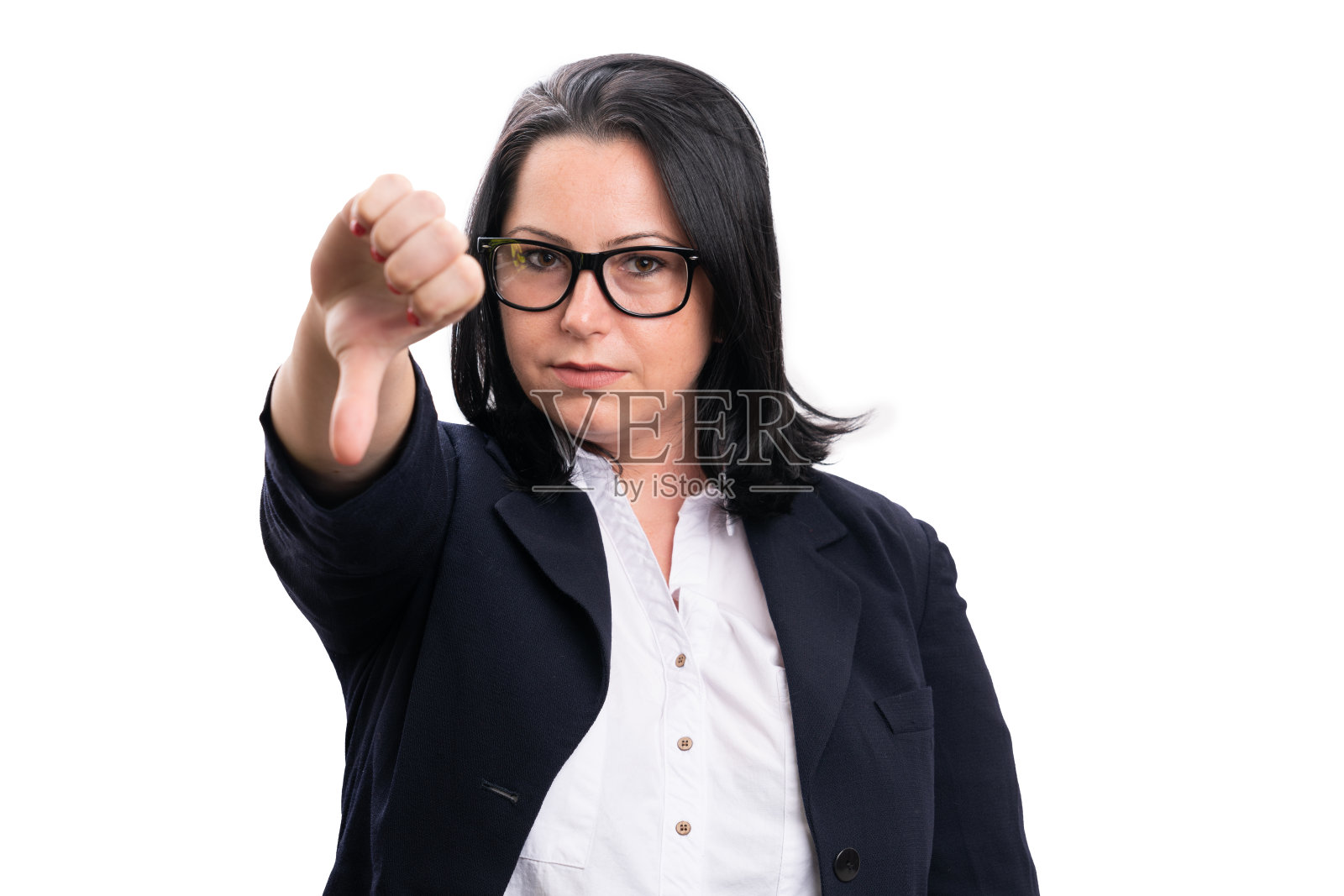 女职员用拇指朝下做厌恶手势照片摄影图片