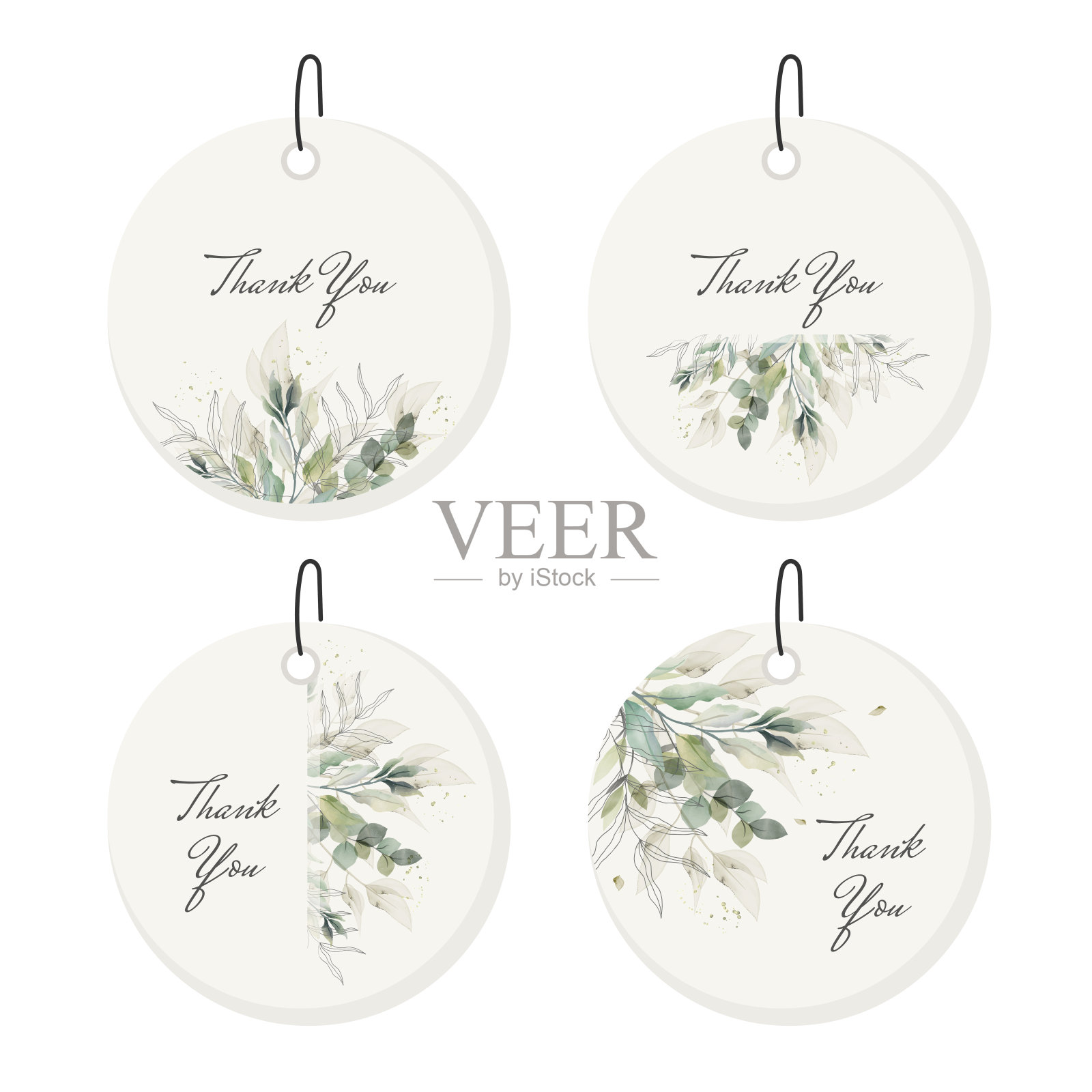 一套圆形贴纸的婚礼邀请，礼物，卡片在乡村风格的绿叶，桉树和树枝。向量插画图片素材