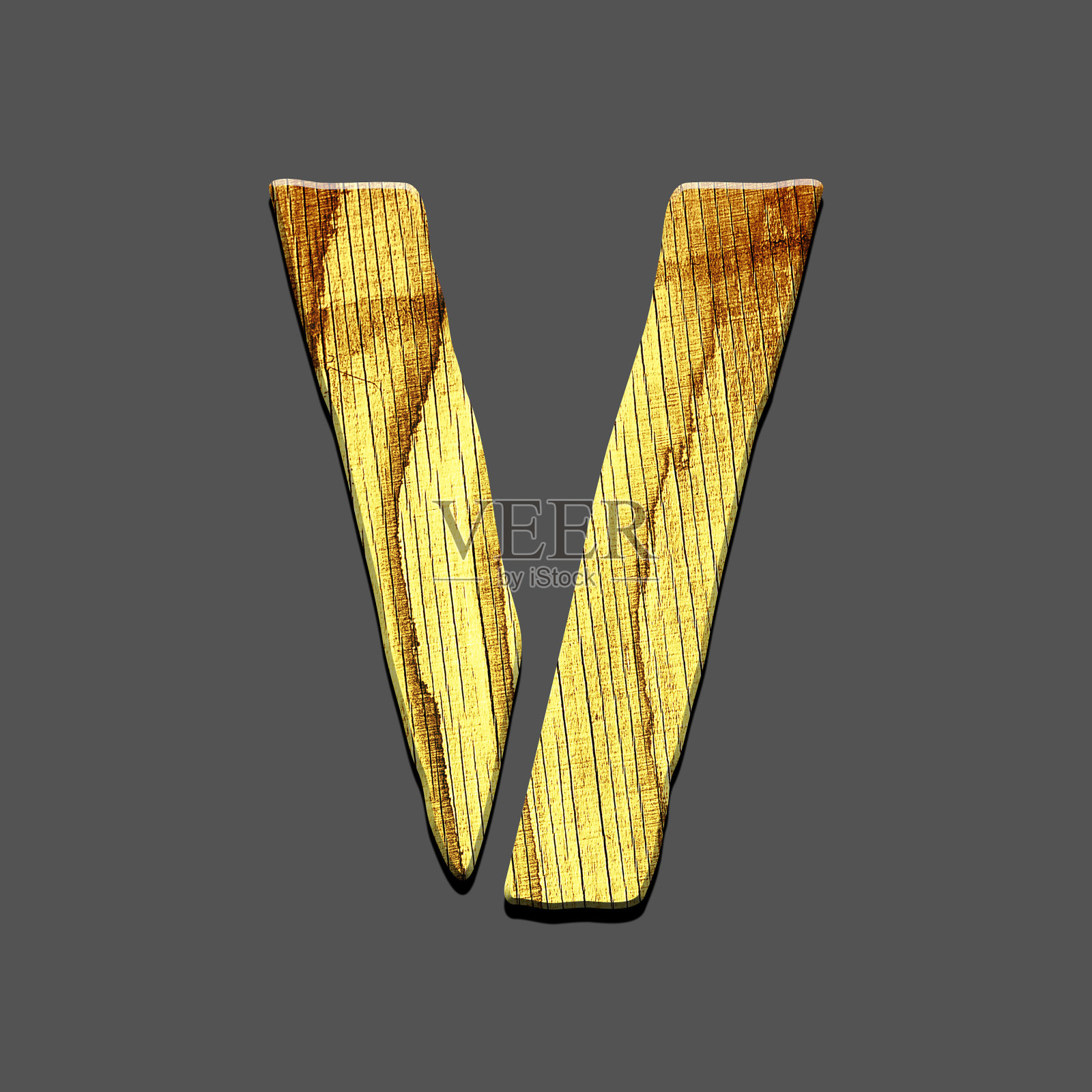 字母V.由字母组成的字母表，由木头制成。孤立在灰色背景上。教育。设计照片摄影图片