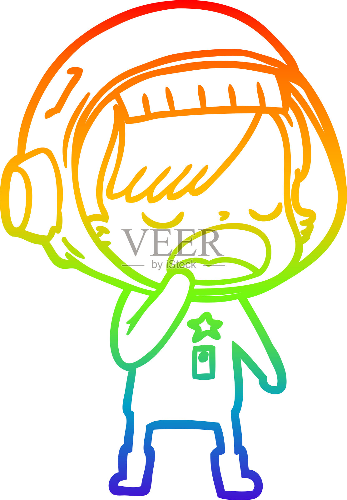 彩虹渐变线画一个卡通宇航员打哈欠的女人插画图片素材