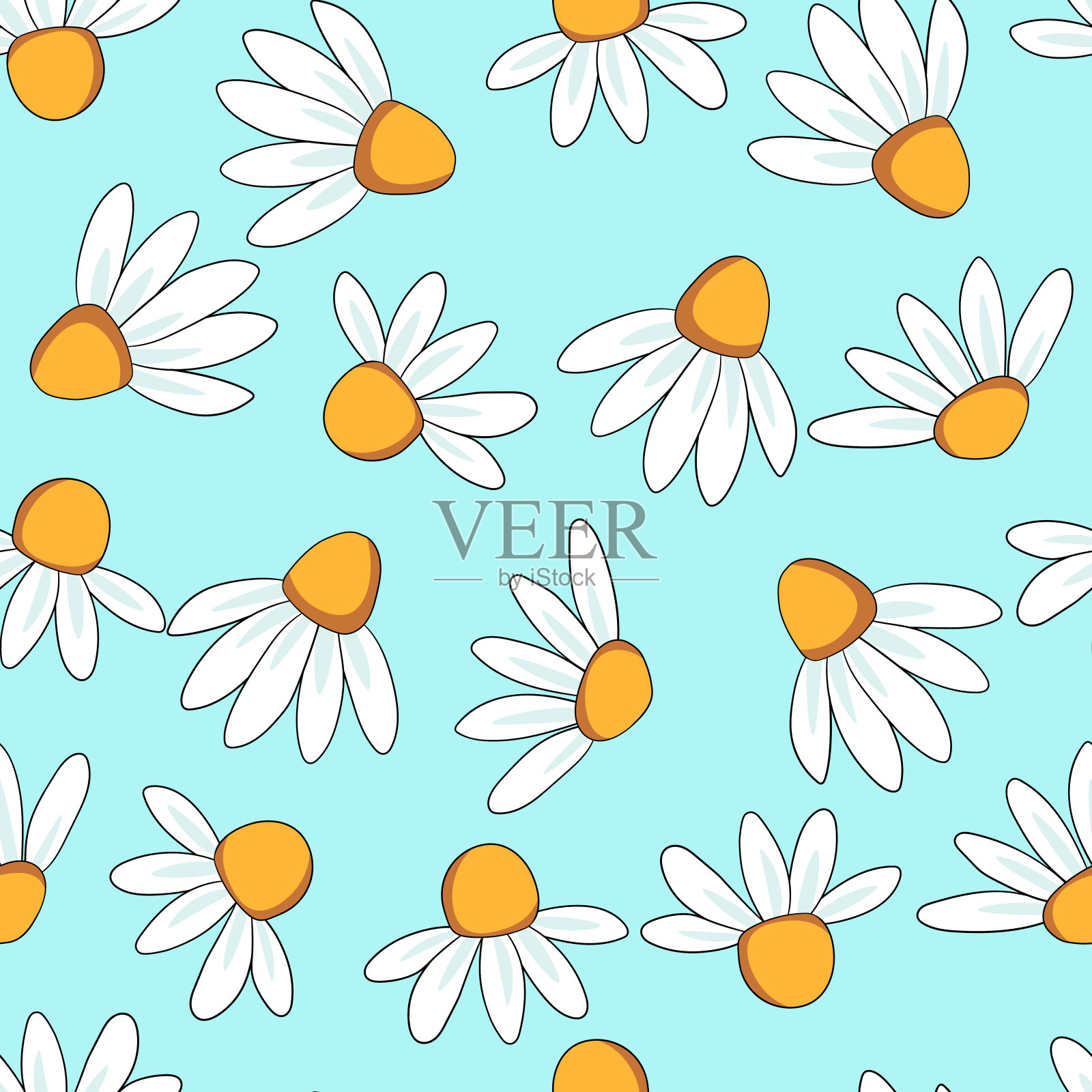 基于传统民间艺术饰品的无缝花卉图案。彩色的洋甘菊、雏菊花背景。北欧风格。矢量插图。简单简约的图案插画图片素材