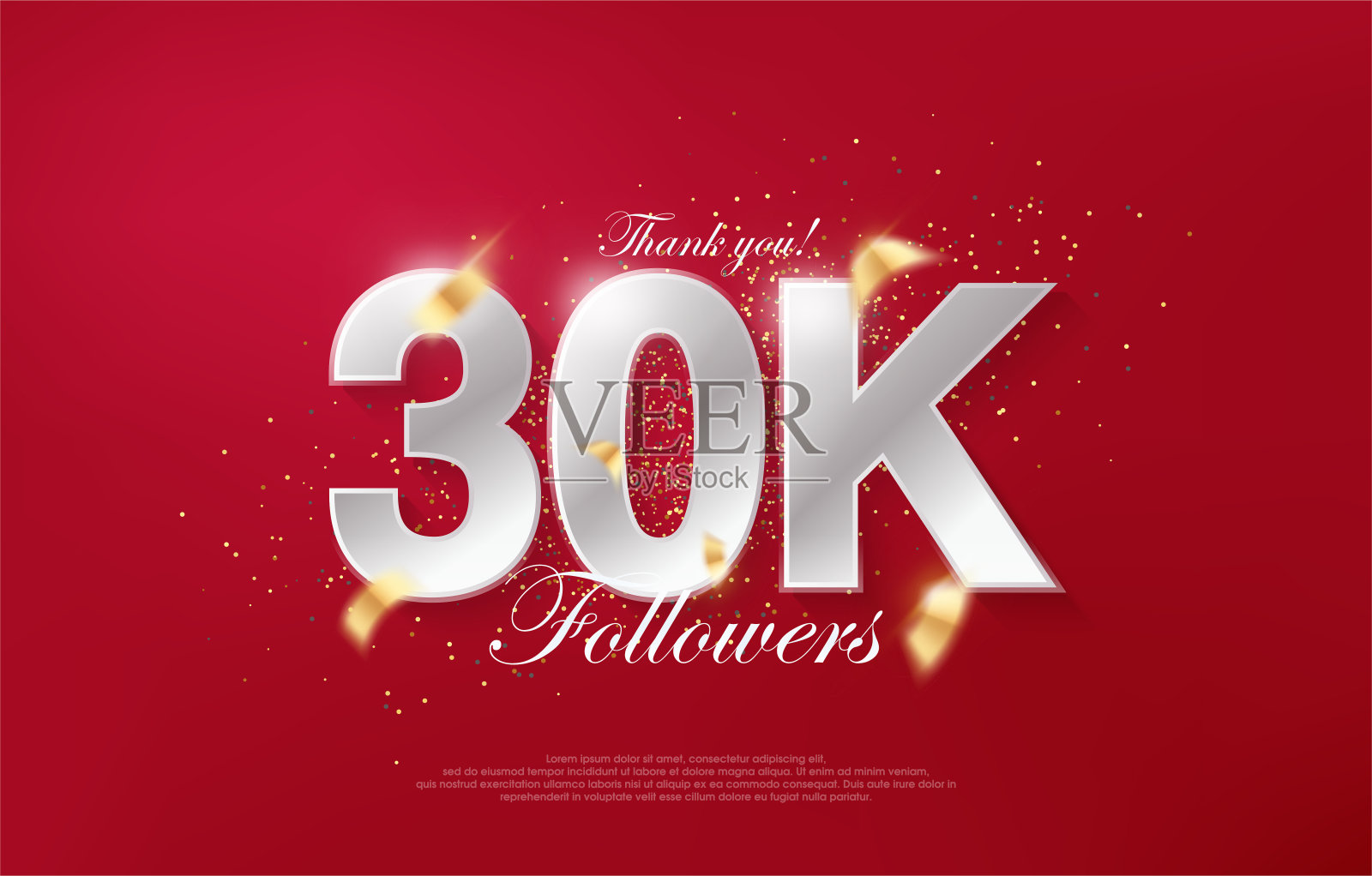 3万粉丝，红色背景上有奢华的银色数字。插画图片素材