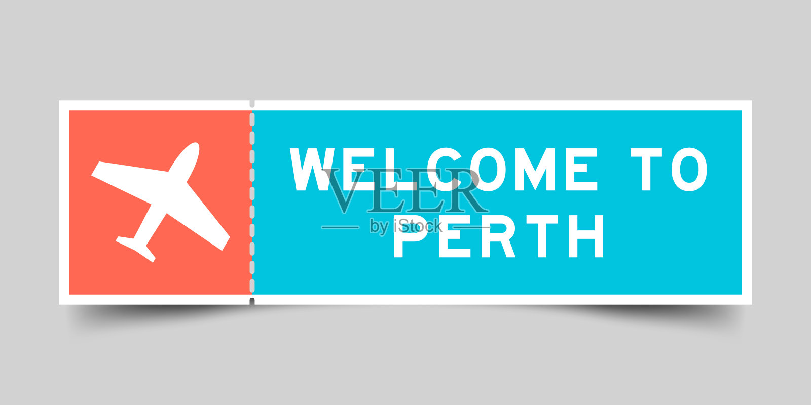 橙色和蓝色机票与飞机图标和文字欢迎到珀斯灰色背景插画图片素材