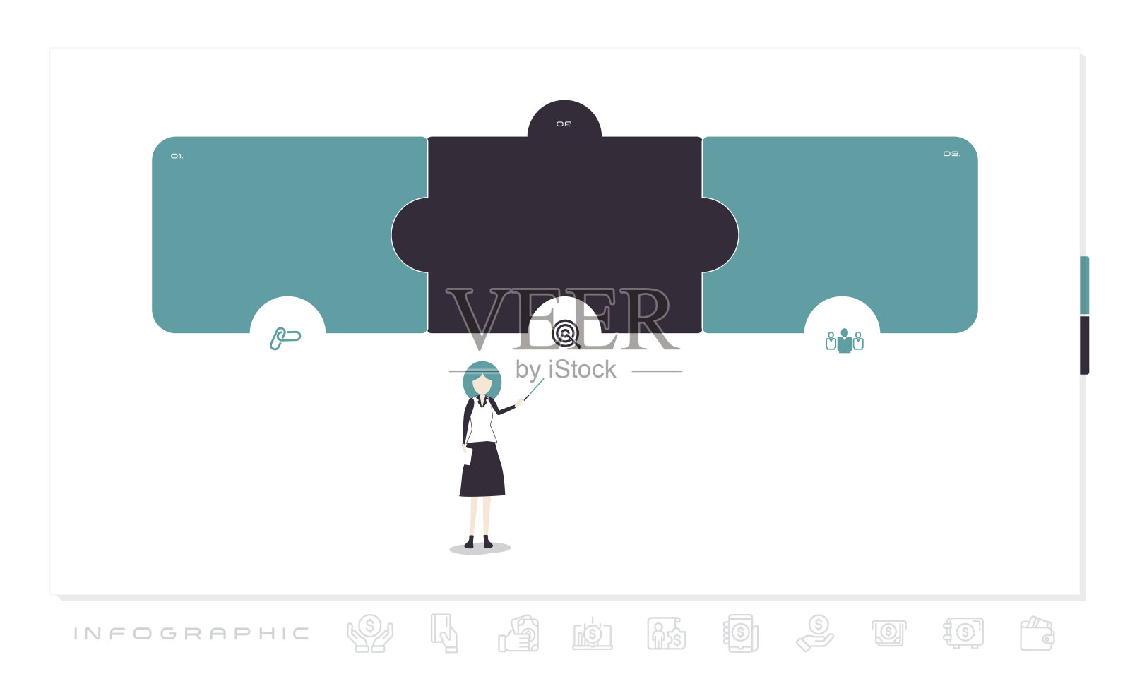 拼图元素业务信息图表与3个选项或步骤。可用于演示条幅。插画图片素材