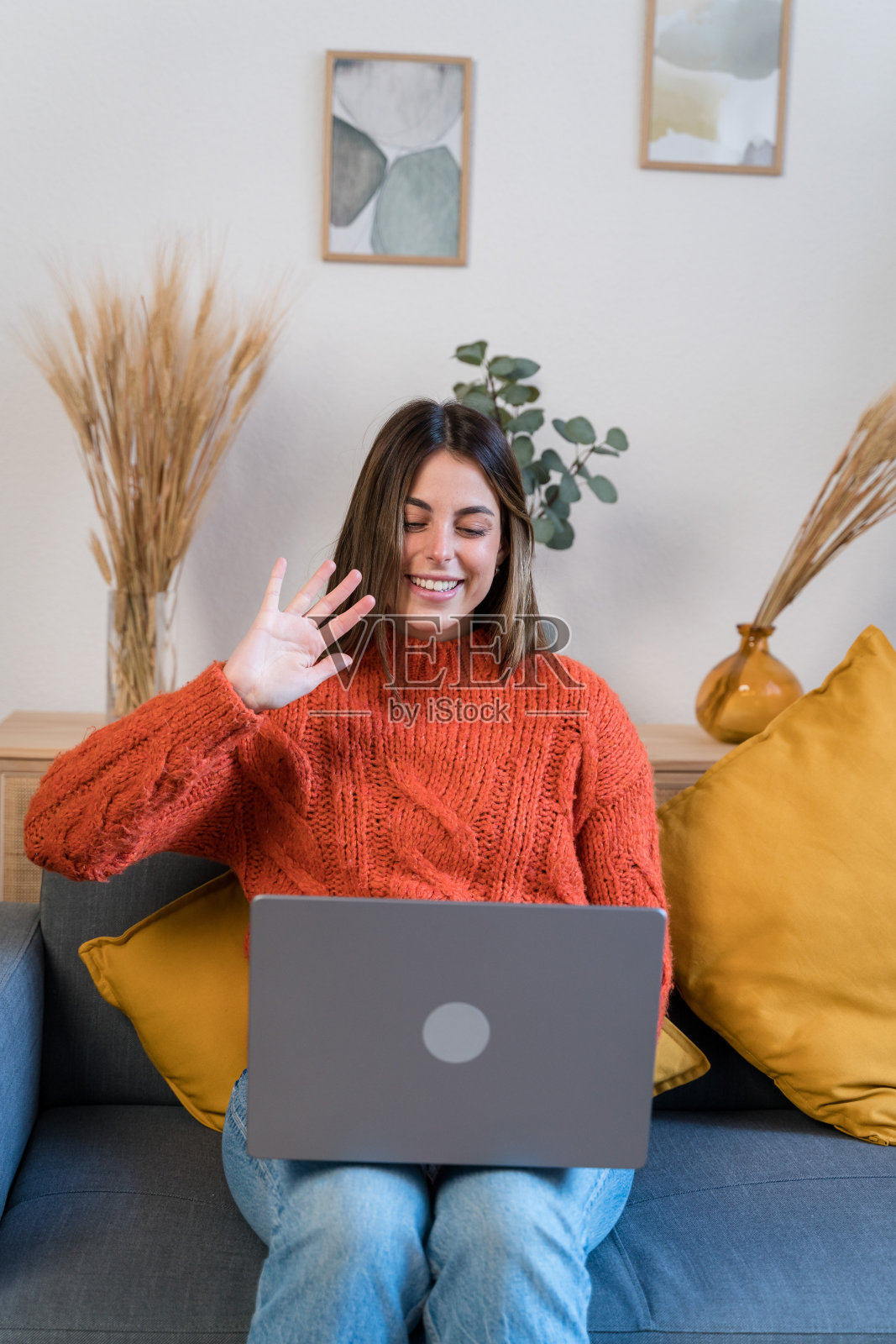 快乐的女人在家里使用笔记本电脑照片摄影图片