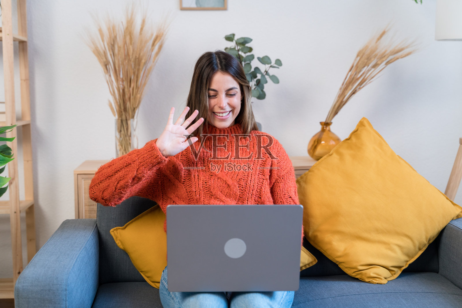 快乐的女人在家里使用笔记本电脑进行视频通话照片摄影图片