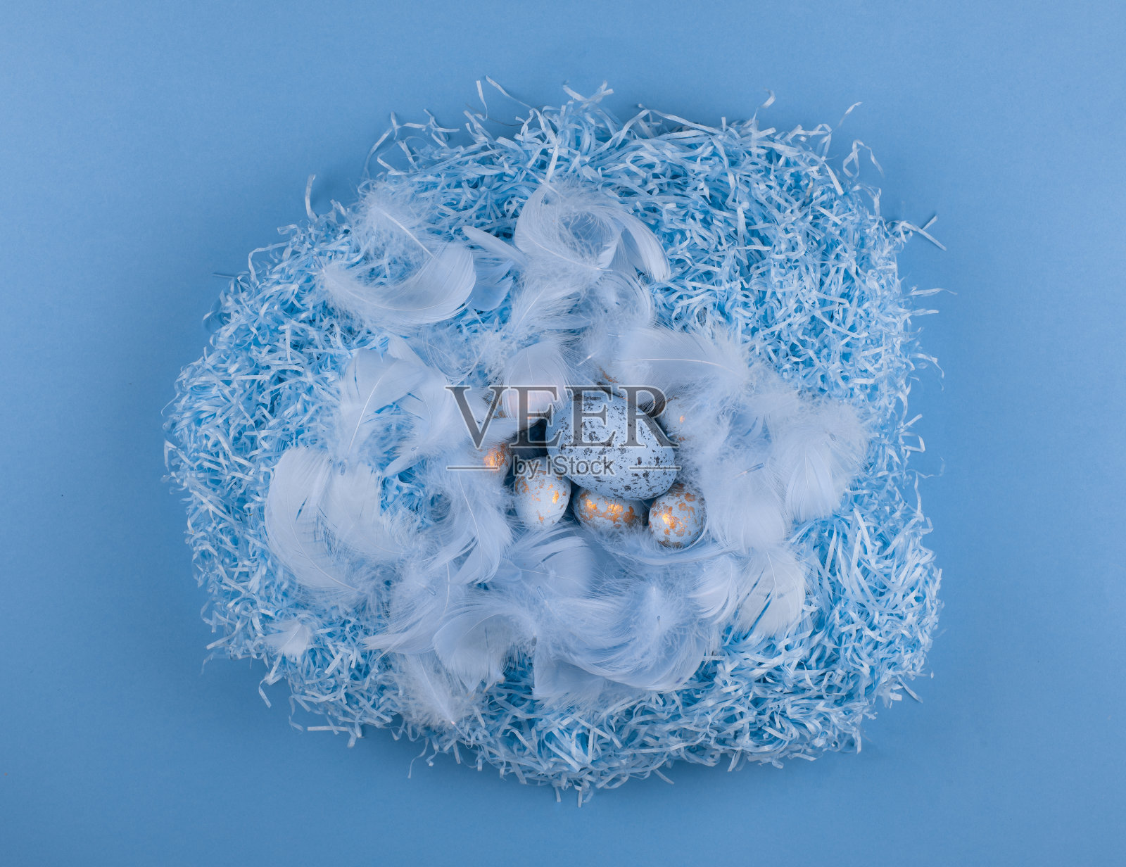 蓝色的鸟巢，蓝色背景上有羽毛的复活节彩蛋照片摄影图片