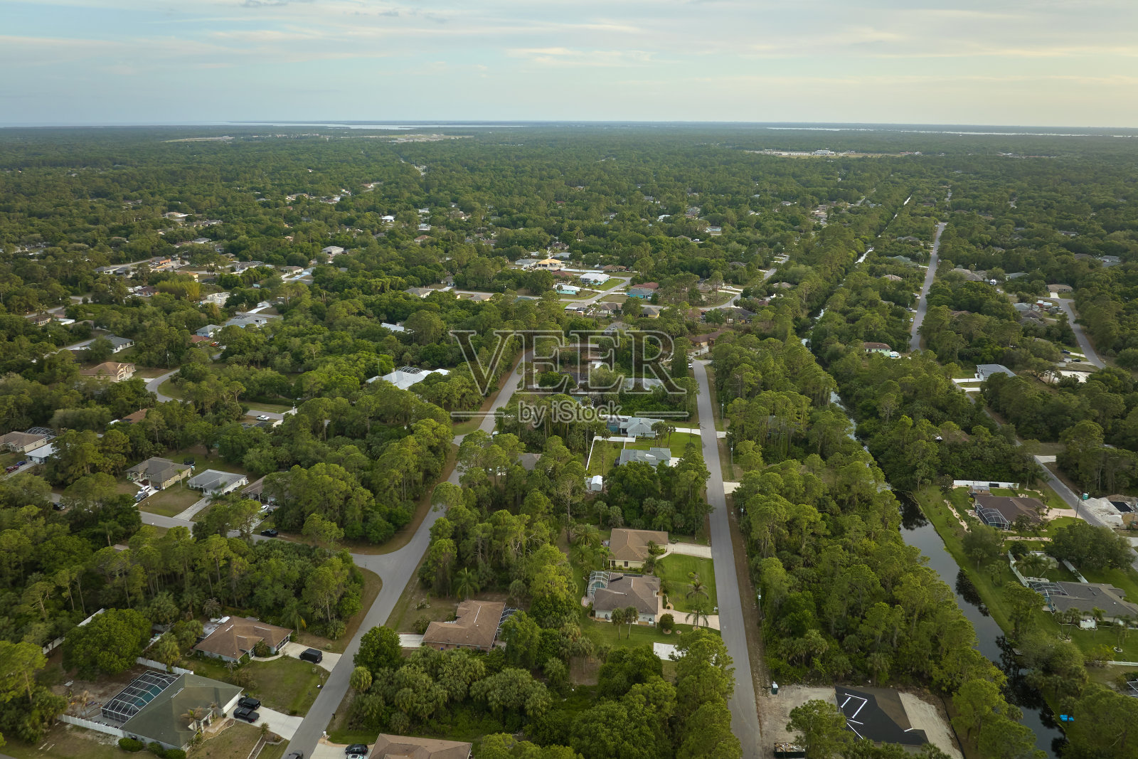 佛罗里达州农村地区的绿色棕榈树之间的郊区私人房屋的空中景观视图照片摄影图片