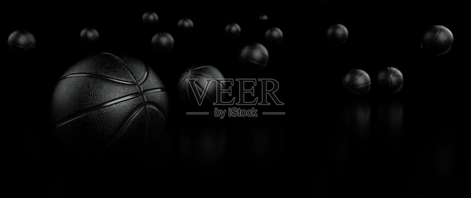 大量的黑色皮革网球在空白黑色背景- 3D插图照片摄影图片