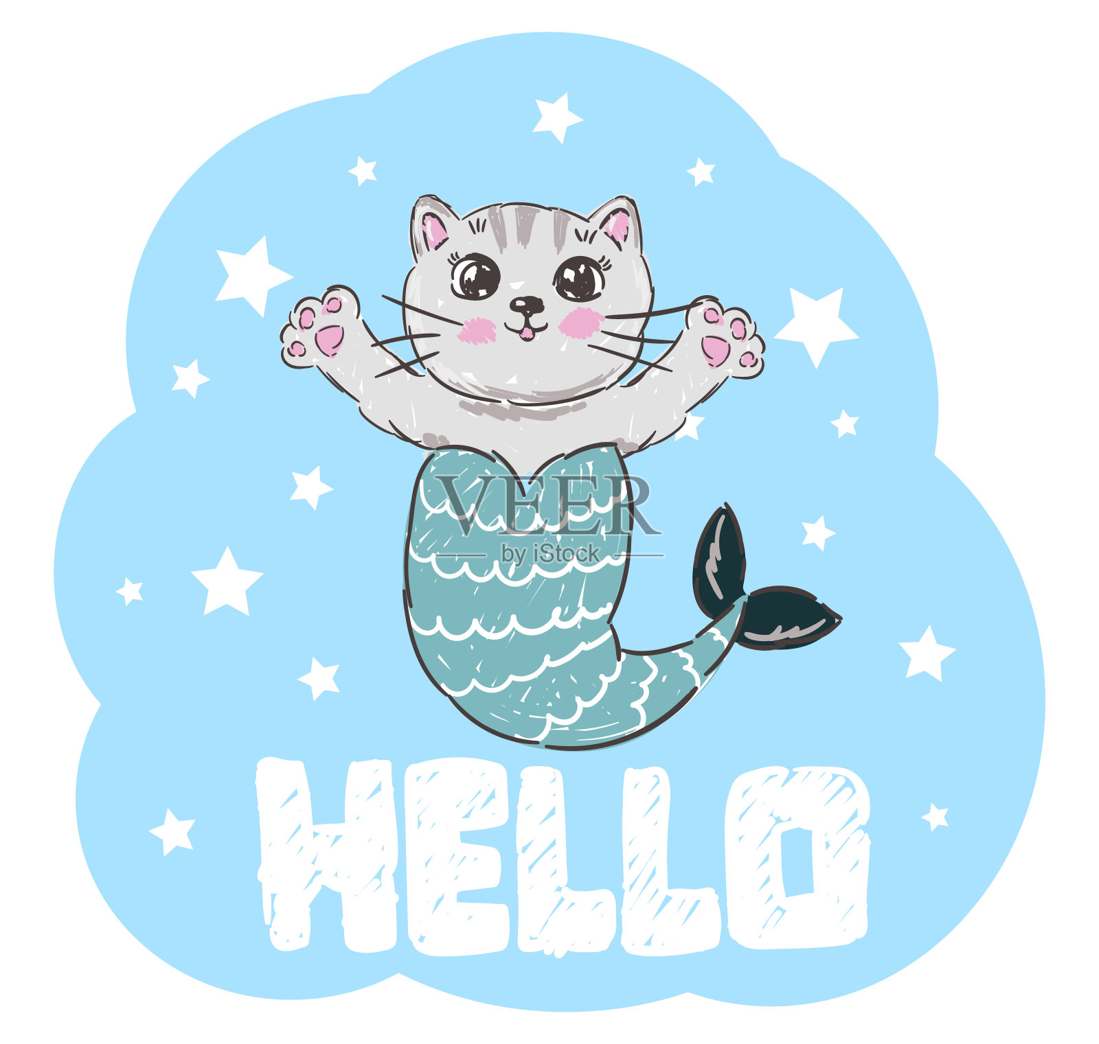 可爱的蓝猫美人鱼在白色的背景。矢量插图的女孩。夏季旅游概念。儿童和儿童印刷品。平面风格概念插画图片素材