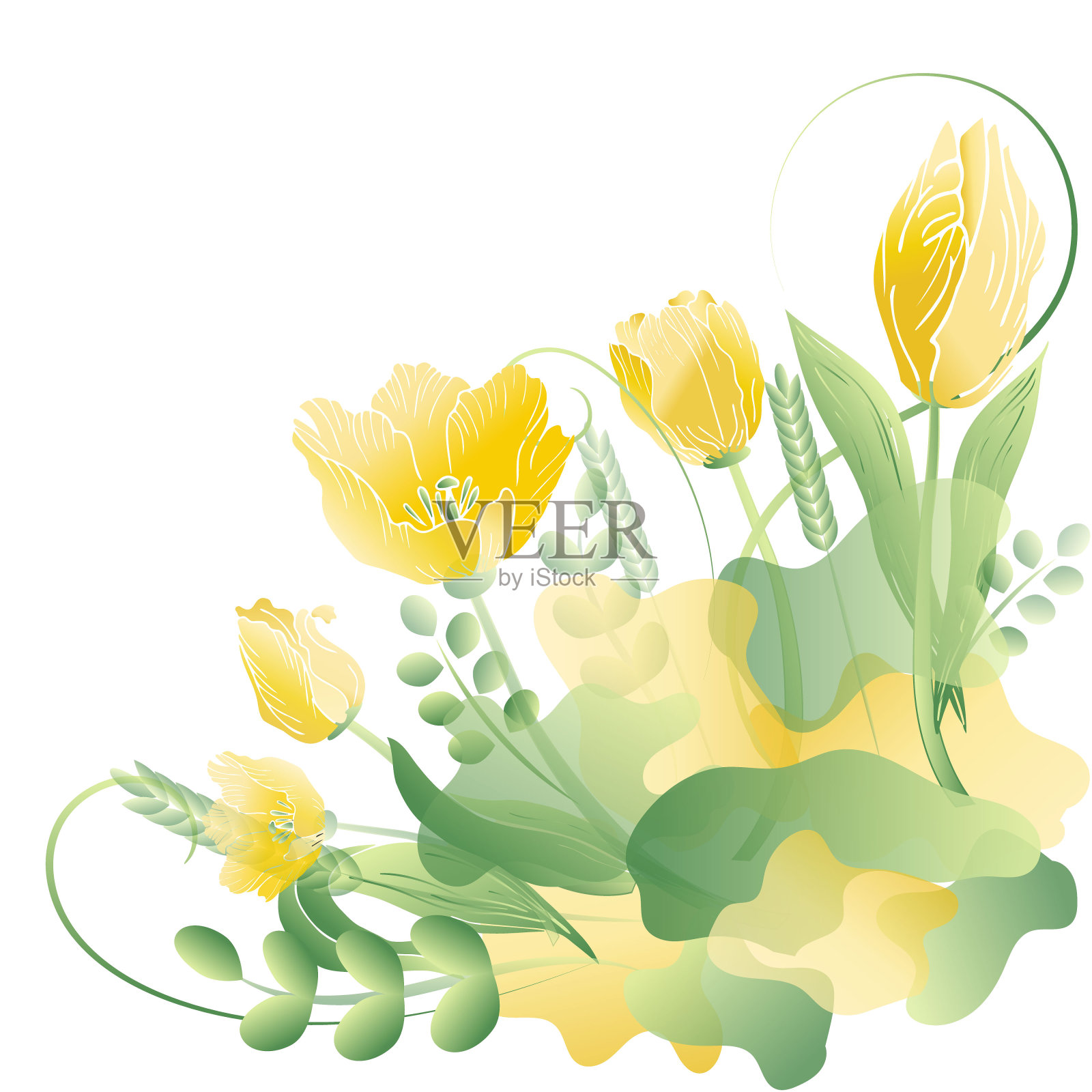 春卡、请帖、海报、问候。手绘。节日背景与铭文。装饰着精致的郁金香，野地草本植物和装饰。
你好,春天插画图片素材