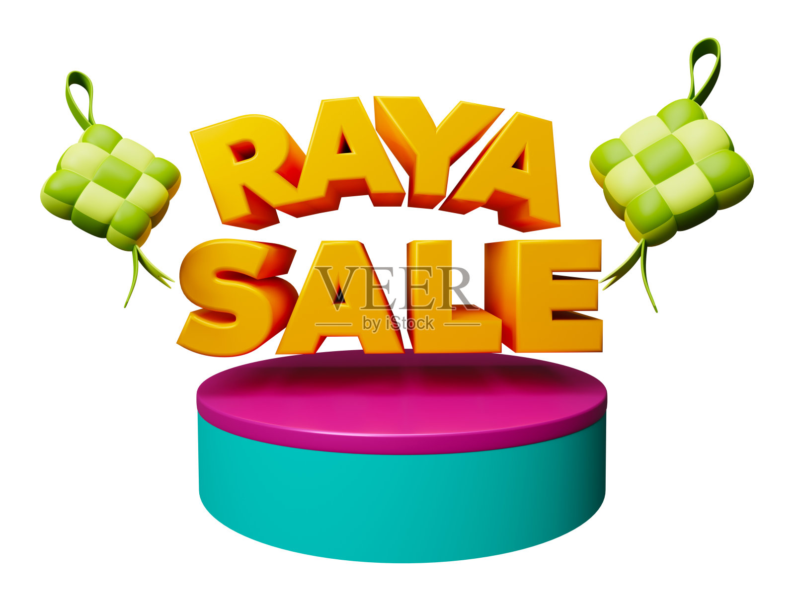 Raya销售标志与2 ketupat图标漂浮在开斋节穆巴拉克斋月Kareem Raya伊斯兰节日的讲台上3d插图。翻译伊斯兰马来节日销售照片摄影图片