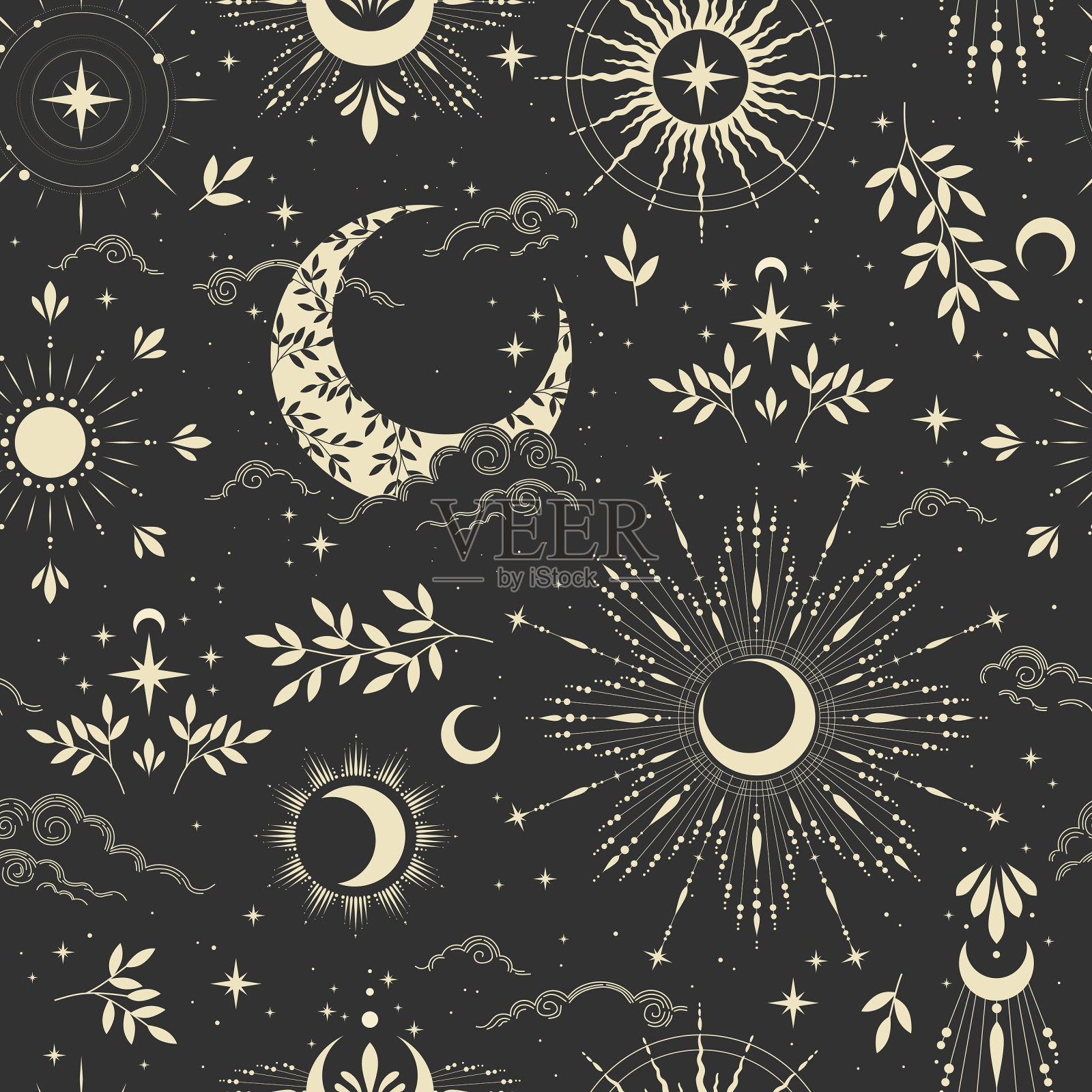天衣无缝的魔术图案与太阳，月亮，云，星星。插画图片素材