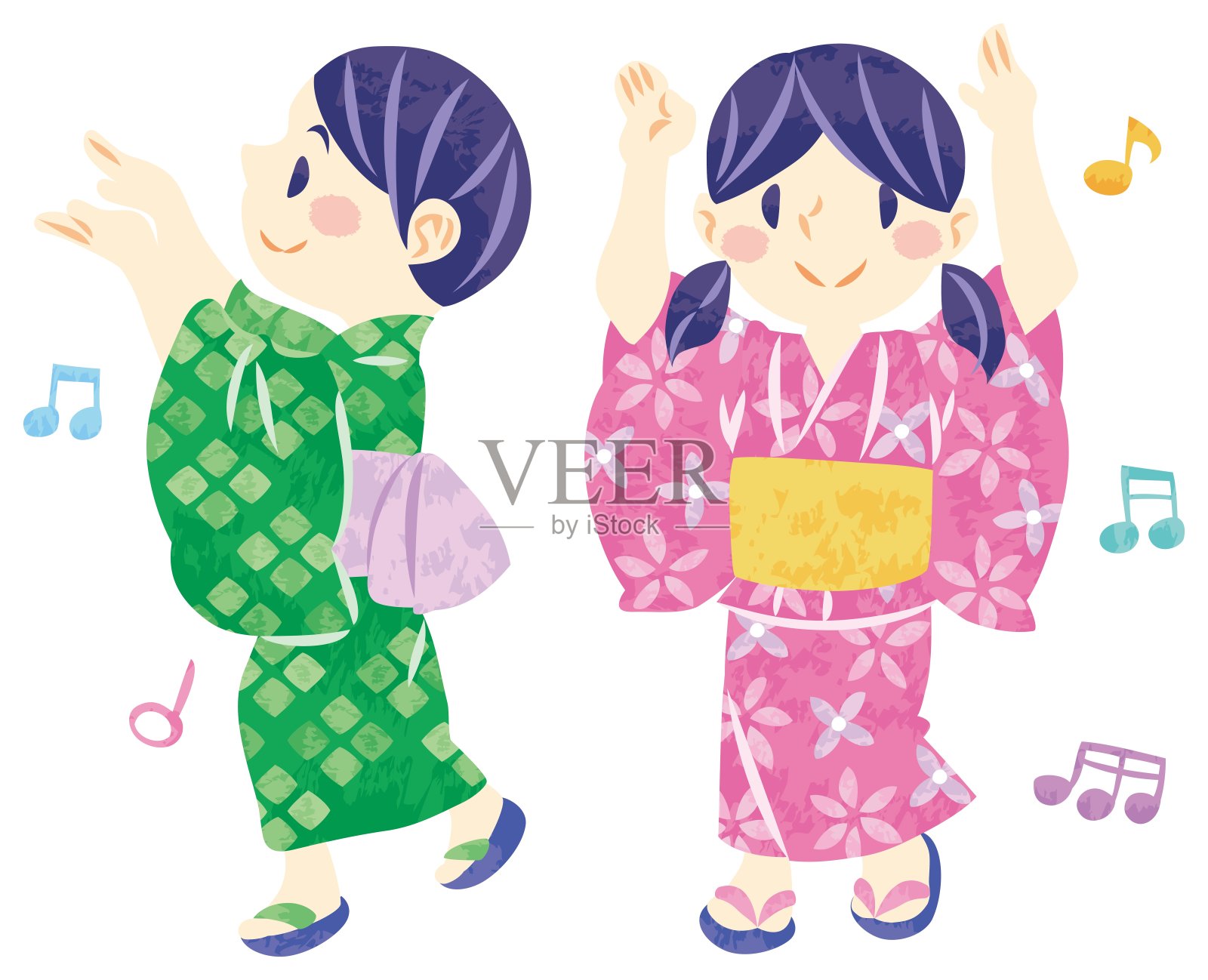 夏季祭典：孩子们穿着浴衣表演盂兰盆节舞蹈设计元素图片