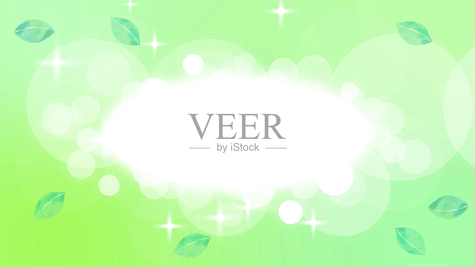 白色椭圆形框架和闪光和叶子绿色背景插画图片素材