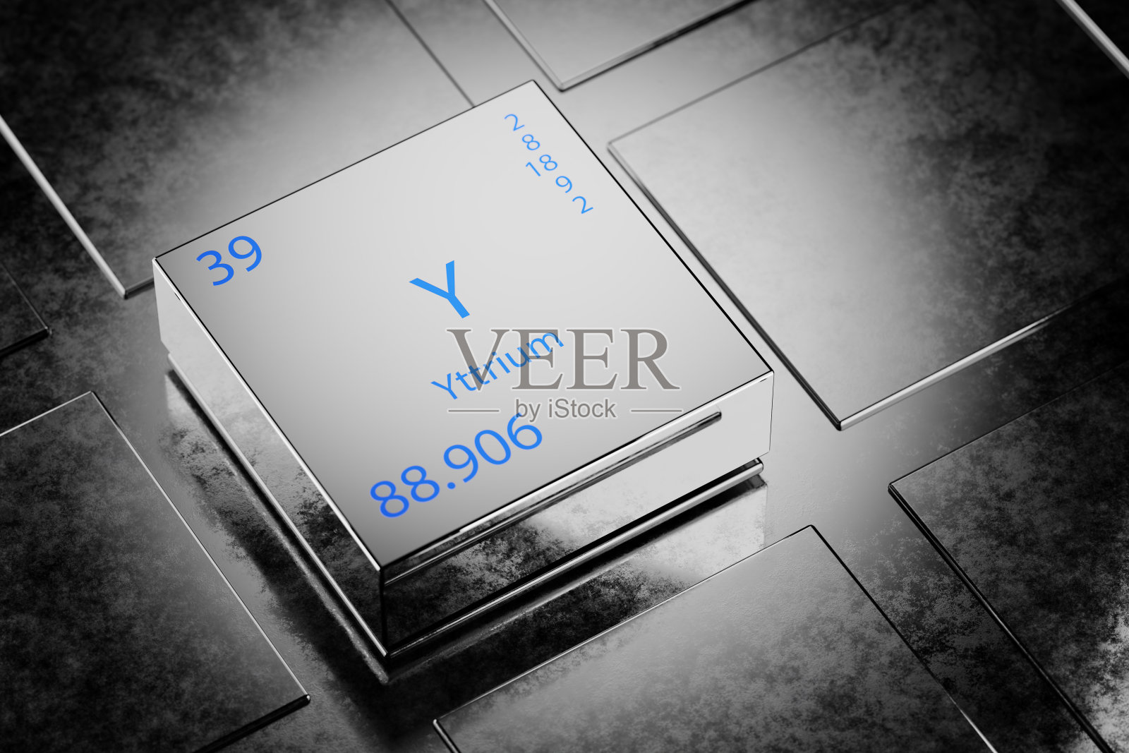 作为元素周期表元素的钇的三维插图。钇元素为金属背景。钇化学元素设计，显示元素名称、原子量和编号。3 d渲染。照片摄影图片