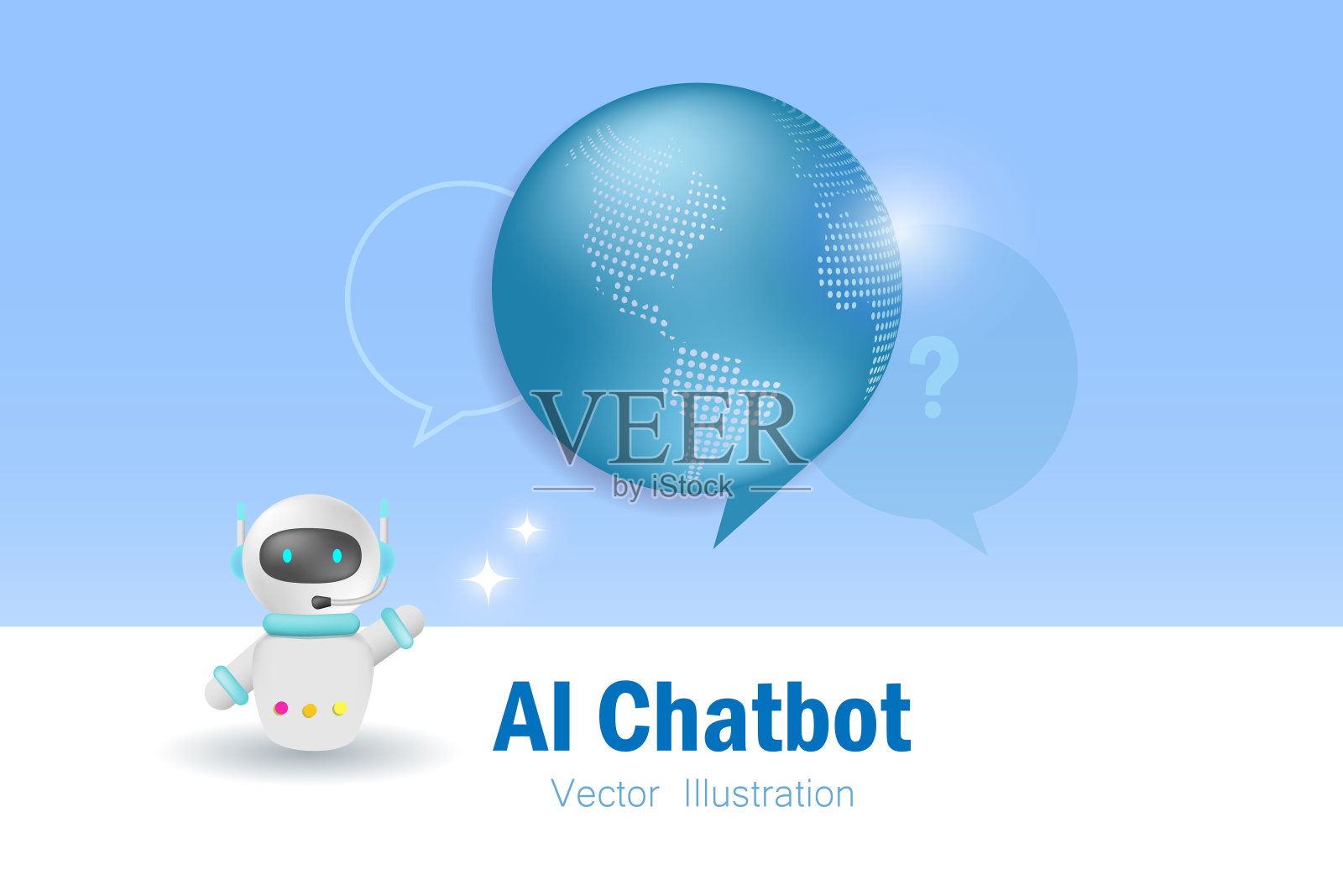 人工智能聊天机器人在语音泡泡中回答问题，并产生智能解决方案和创意。人工智能回答机器人创新技术。三维向量。插画图片素材