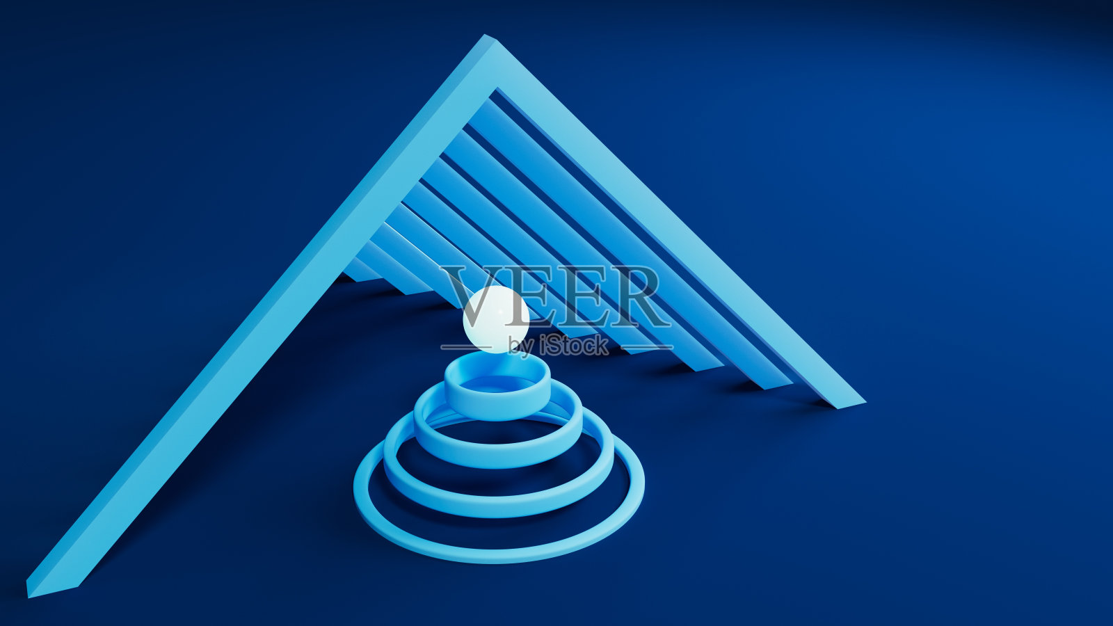蓝色三角形在下降行，蓝色浮动环持有浮动发光球，深蓝色风景，3d渲染照片摄影图片