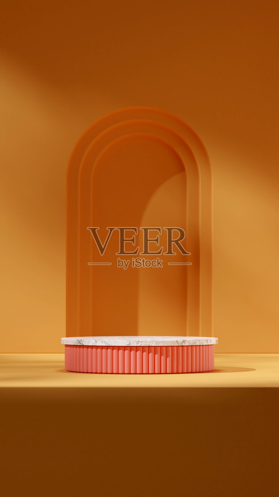 3D图像渲染模板模型的大理石和粉红色讲台肖像与黄色几何墙照片摄影图片