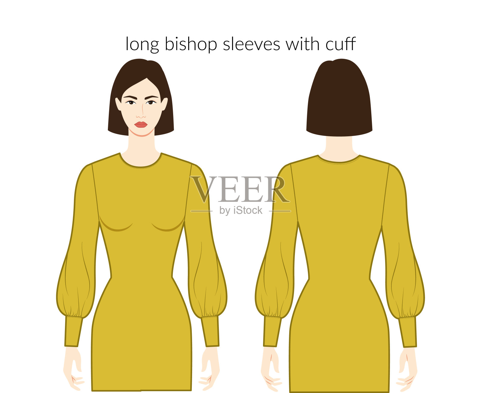 主教袖与袖口长款服装字符美女在赭石上衣，衬衫，连衣裙技术时尚插图。平板服装模板正面，背面。女人，男人男女皆宜的CAD模型插画图片素材