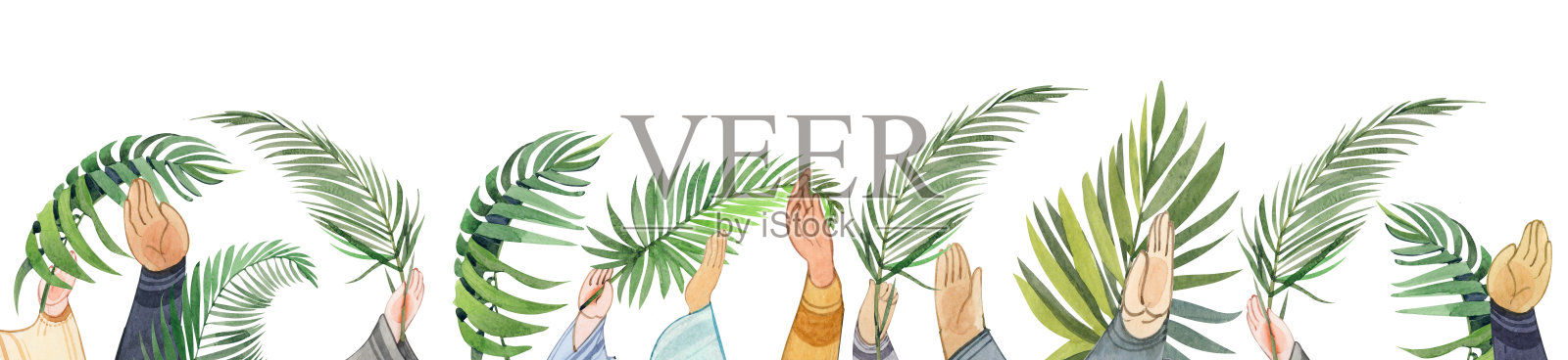 手绘水彩棕枝主日边框，手持棕榈枝欢庆荣耀上帝。适用于宗教出版物、基督教设计和印刷品插画图片素材