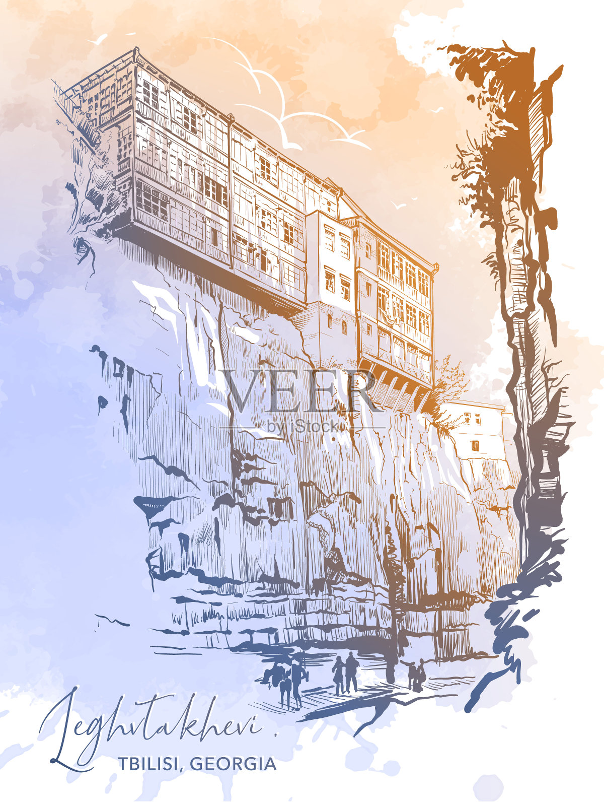 格鲁吉亚第比利斯植物园附近的Leghvtakhevi峡谷。水彩插画图片素材