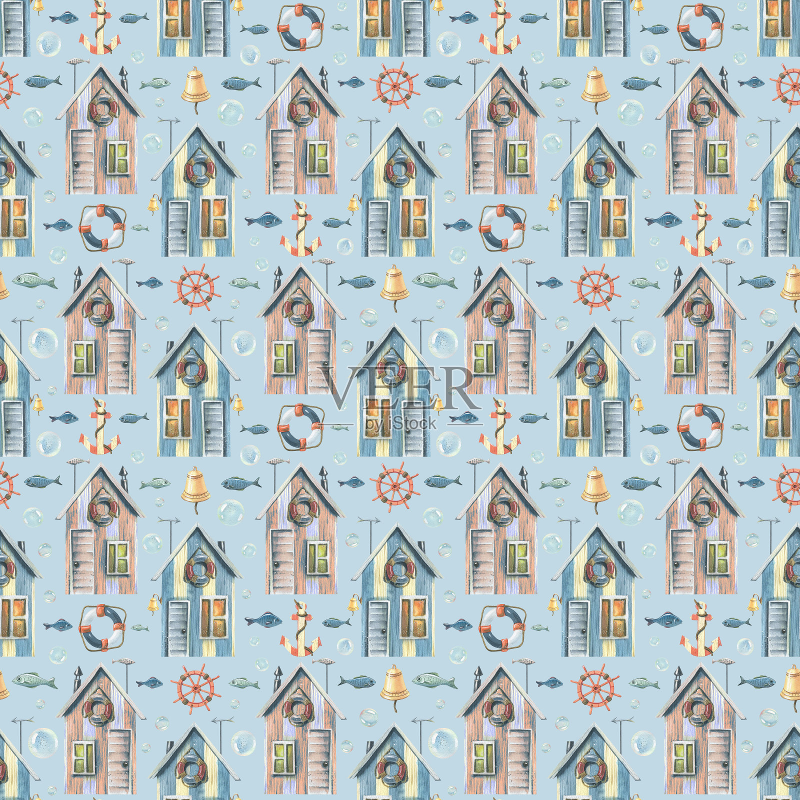 海滩，粉色和蓝色的渔房，有鱼，方向盘，锚，蓝色背景上的泡泡。水彩无缝图案。用于面料、纺织品、壁纸、包装纸、背景插画图片素材