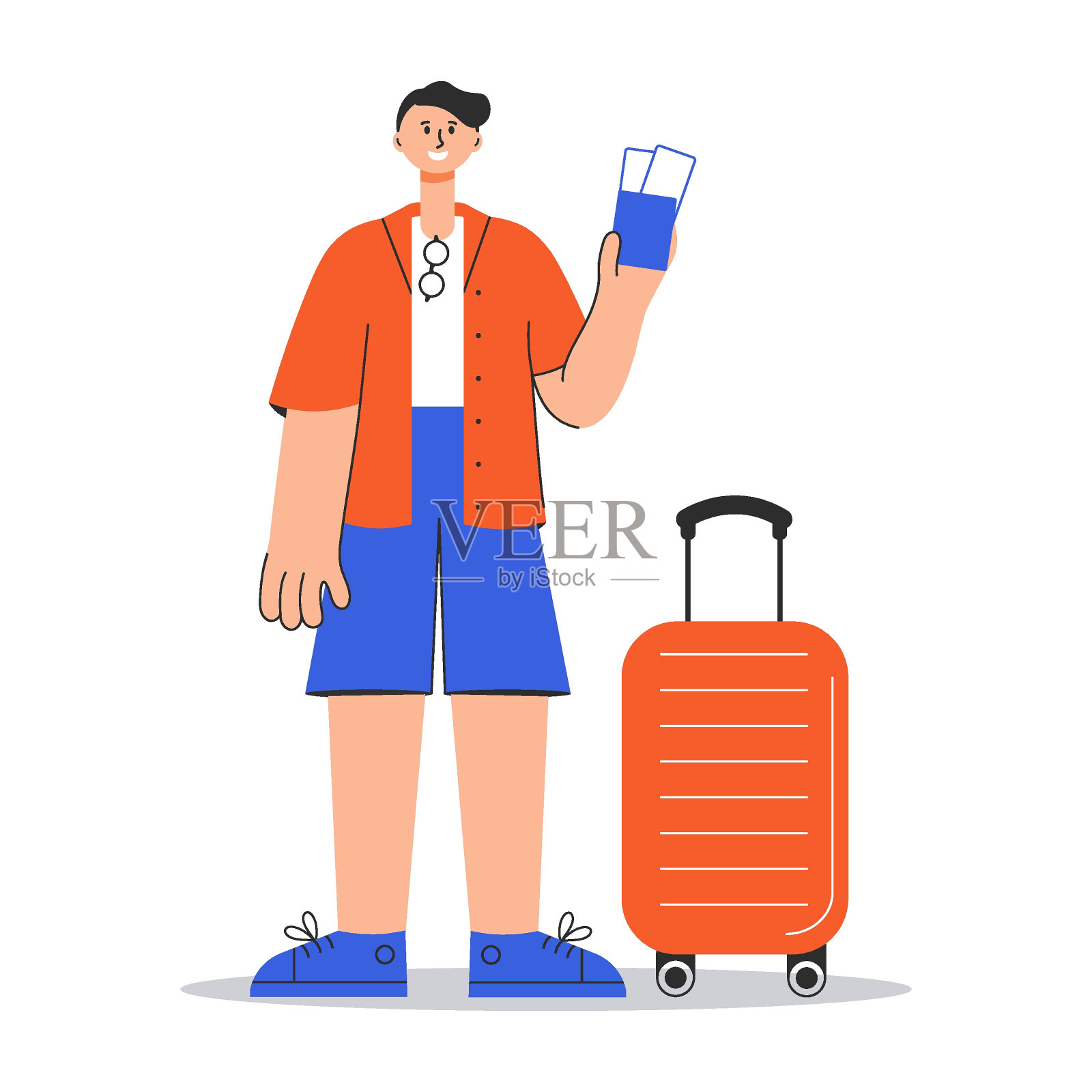 带着行李箱的男孩或年轻人等着登机插画图片素材