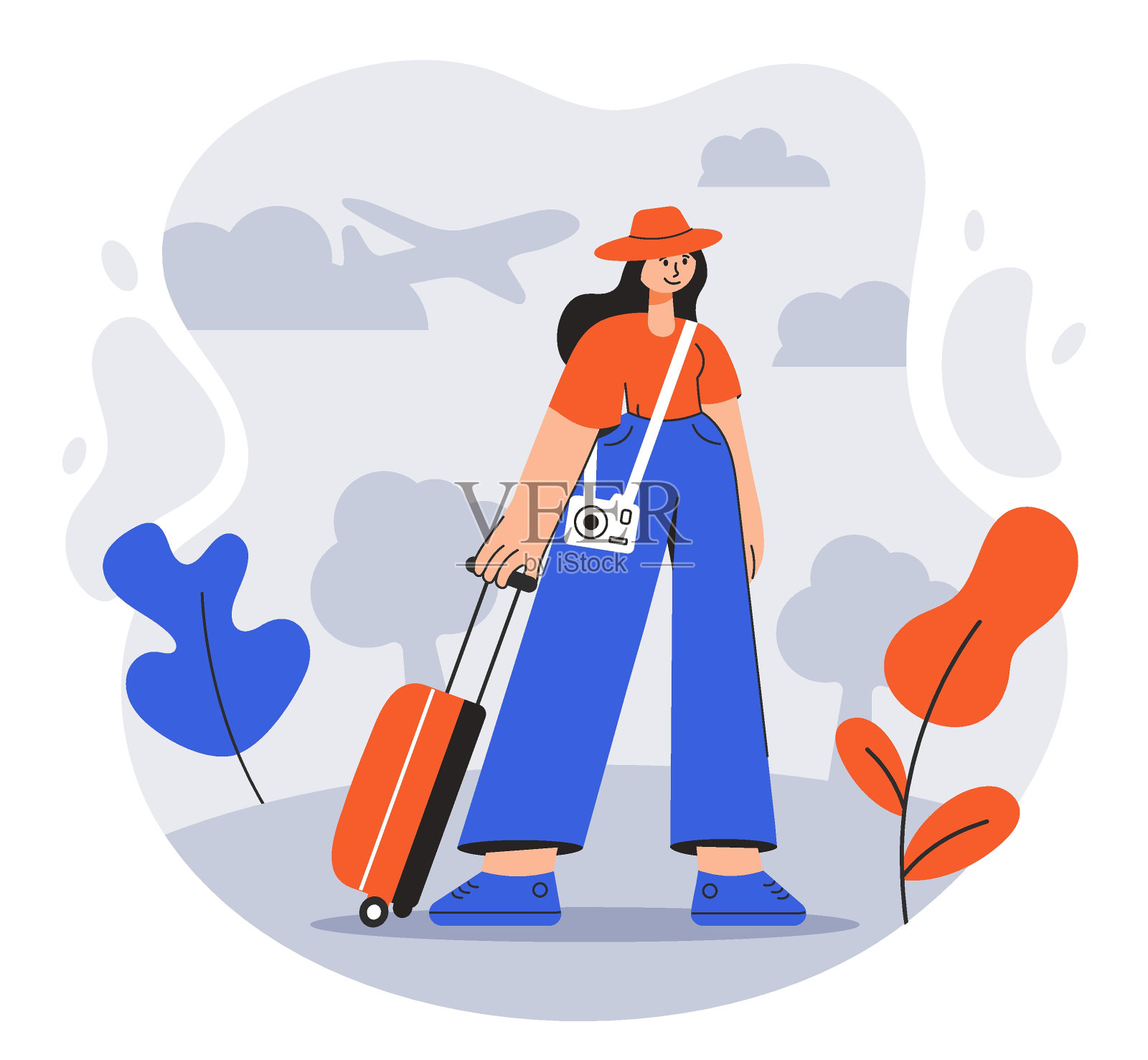 拿着行李箱的女孩或年轻女子等着登机插画图片素材