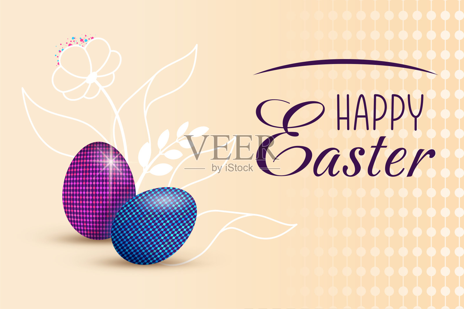 快乐复活节彩蛋横幅。以现实主义风格装饰的节日宗教符号。3d逼真的复活节彩蛋上花。矢量插画，春假贺卡插画图片素材