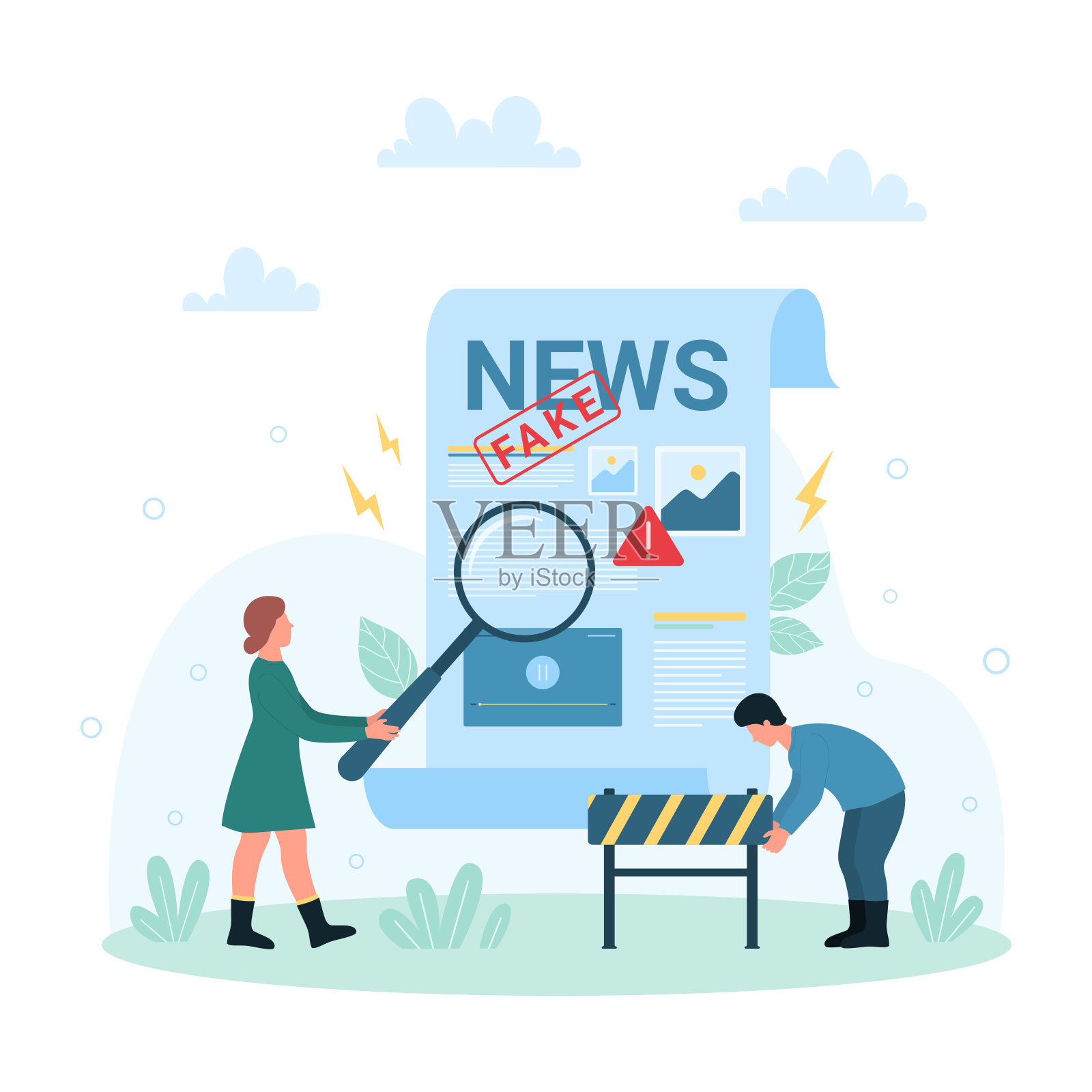 假新闻，小人物用放大镜和屏障在社交媒体上研究事实插画图片素材