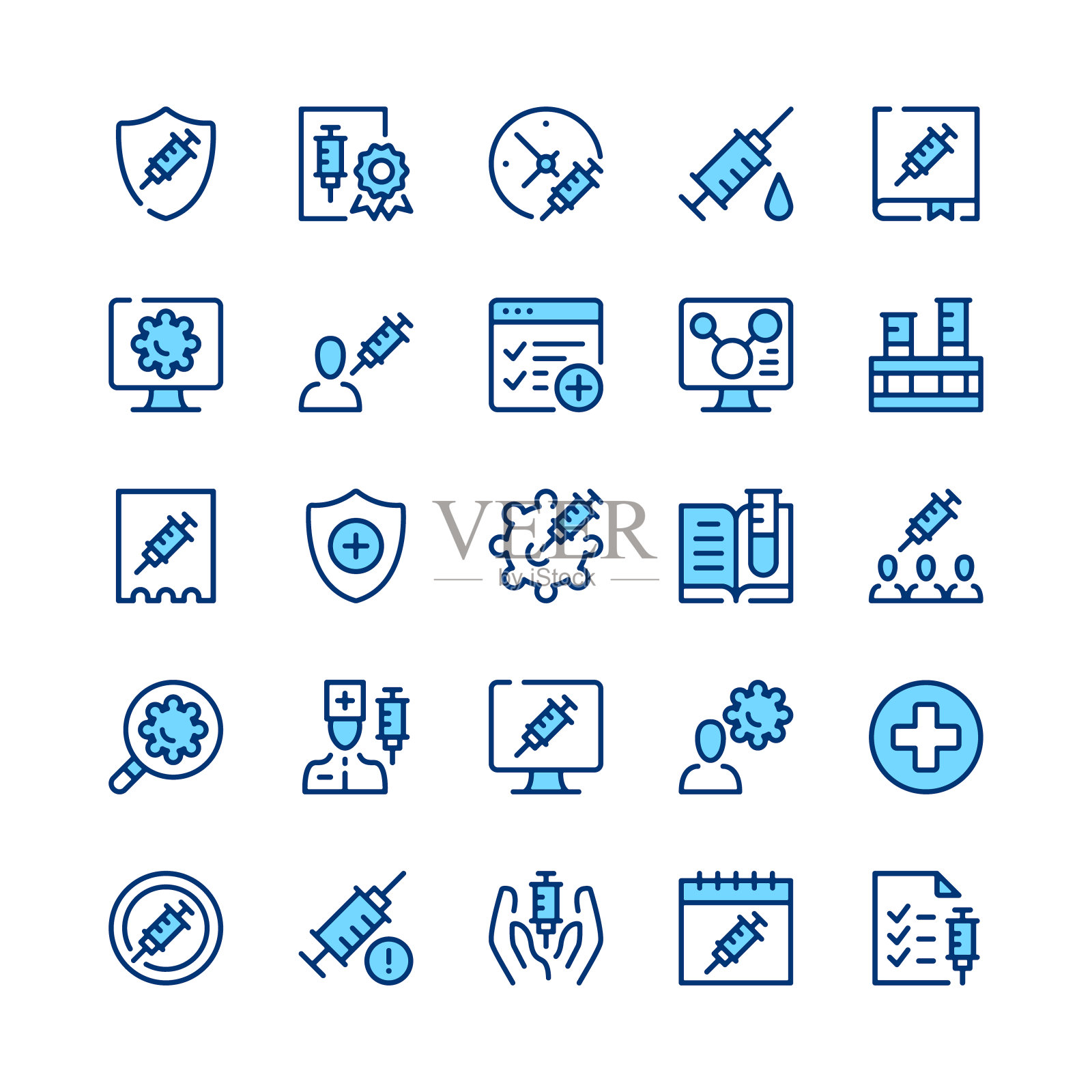 疫苗线图标。疫苗图标集。蓝色的颜色。勾勒出笔画符号。矢量线图标集插画图片素材