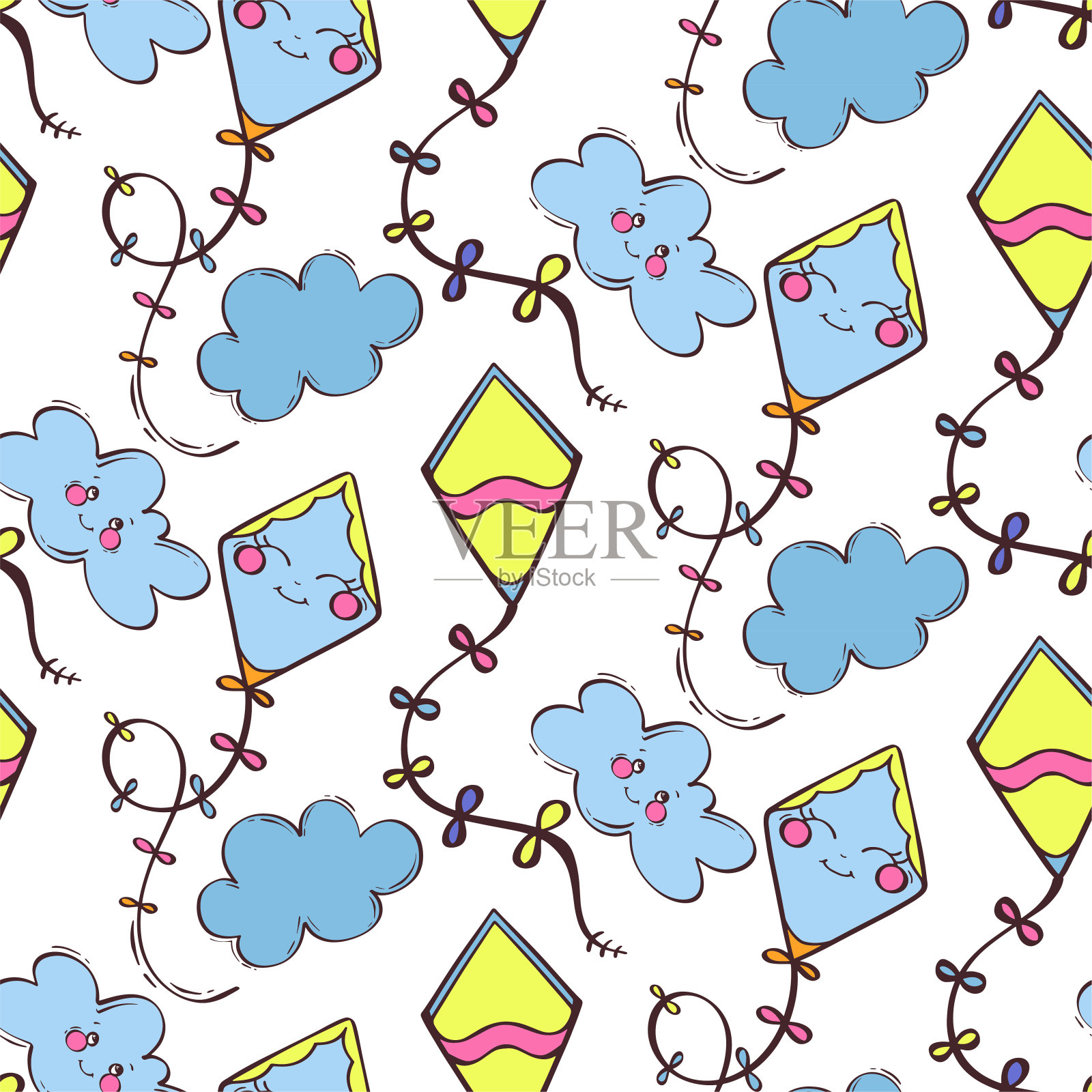 风筝和云的无缝图案插画图片素材