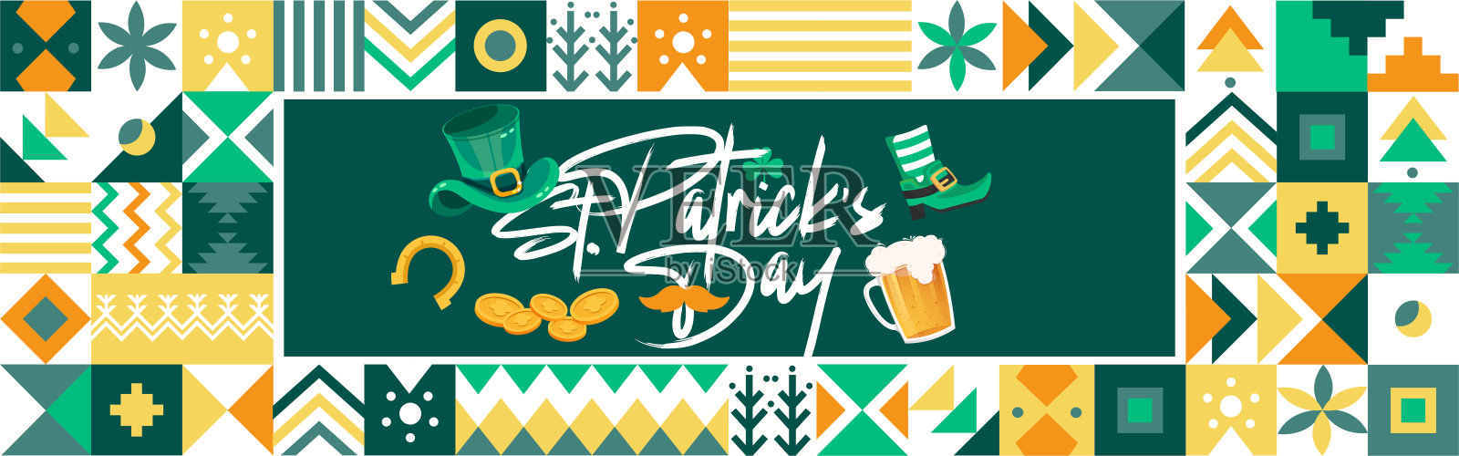 圣帕特里克节快乐的横幅上有圣帕特里克的图标，如熊玻璃、帽子、金币、马蹄铁、胡子、三叶草叶子。圣帕特里克节绿色主题设计。现代复古抽象爱尔兰背景。插画图片素材