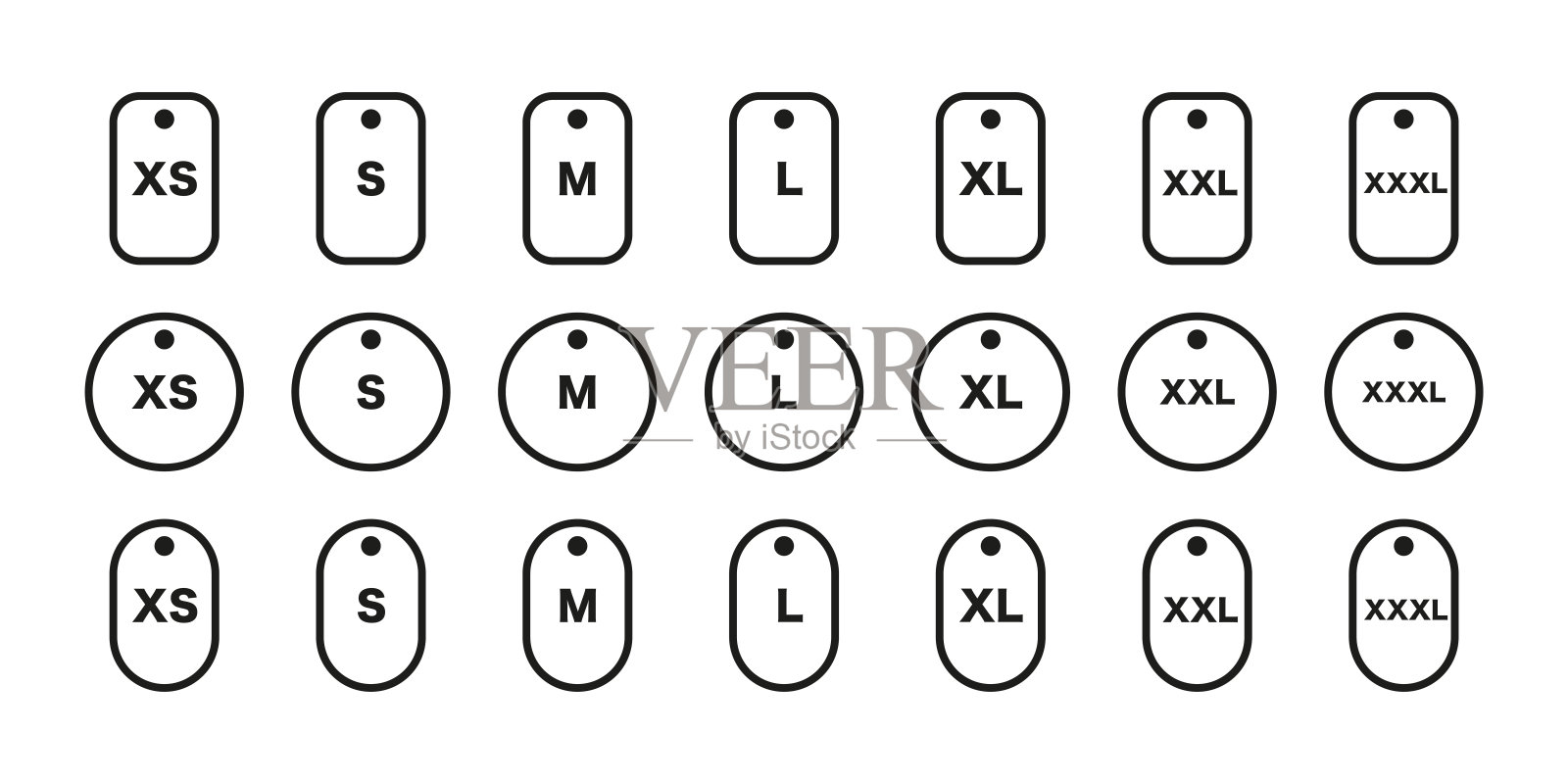 一套有大小字母的标签。服装标签矢量图标。Xs s m l xl xxl xxxl。图标素材