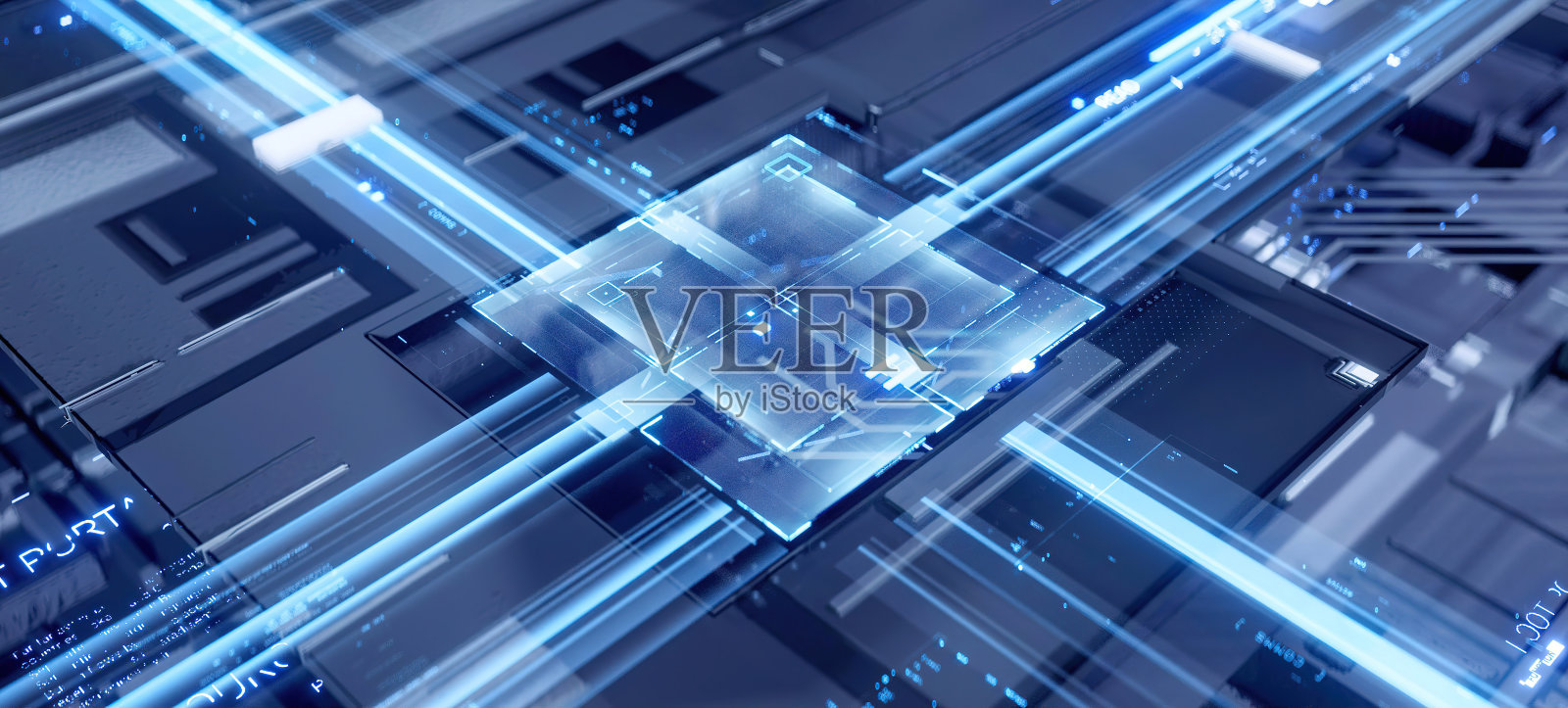 赛博朋克AI的3D渲染。电路板。技术背景。中央计算机处理器CPU和GPU的概念。主板数字芯片。科技背景。照片摄影图片