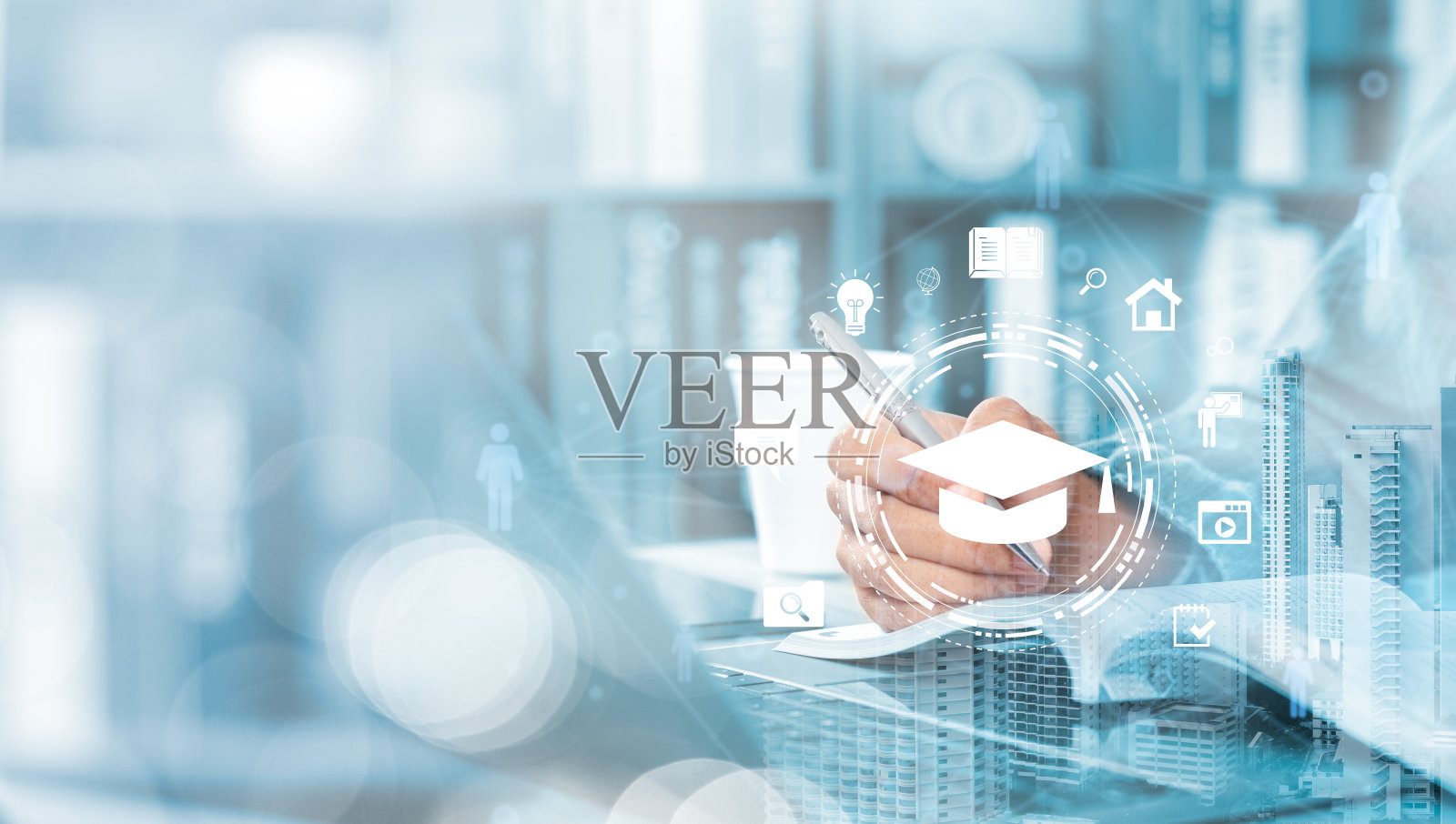 互联网教育，E-learning概念。参加在线研讨会，教育互联网技术。照片摄影图片