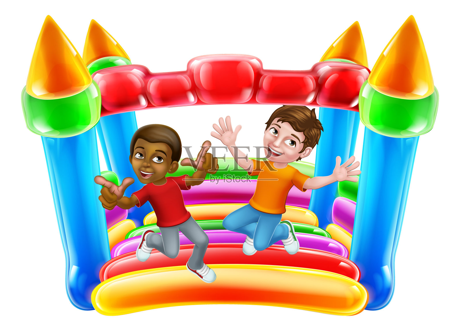 弹跳屋城堡跳跃男孩儿童卡通插画图片素材