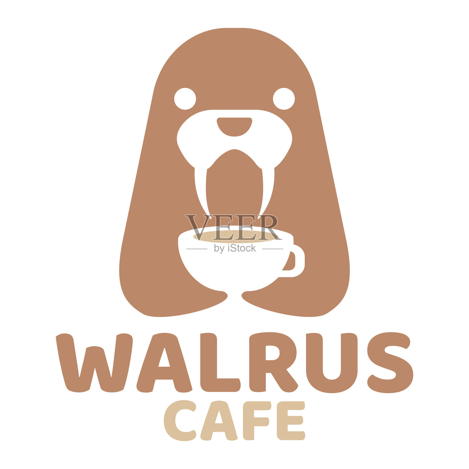 现代吉祥物平面设计简单极简可爱海象图标设计模板矢量与现代插画概念风格的咖啡馆，咖啡店，餐厅，徽章，徽章和标签插画图片素材