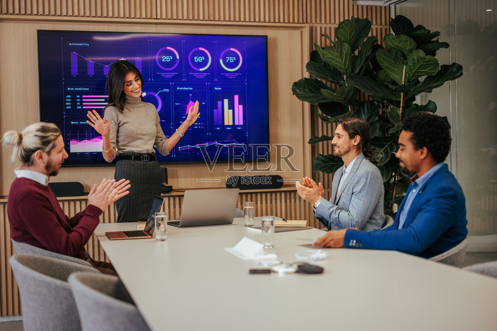 欢乐的可再生能源专家庆祝项目成功。照片摄影图片