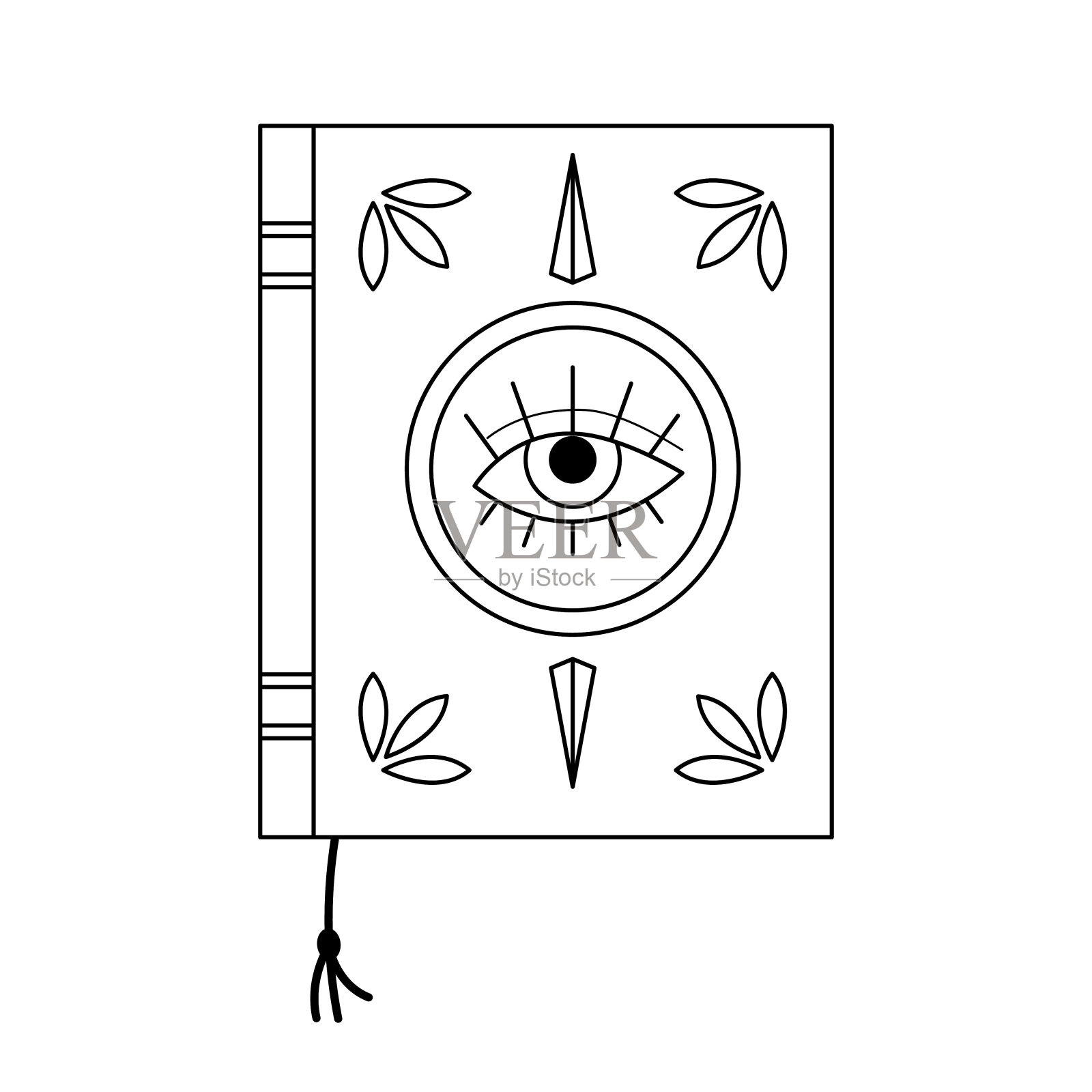 线性魔术书封面矢量插图。孤立的轮廓神秘咒语书上的白色插画图片素材