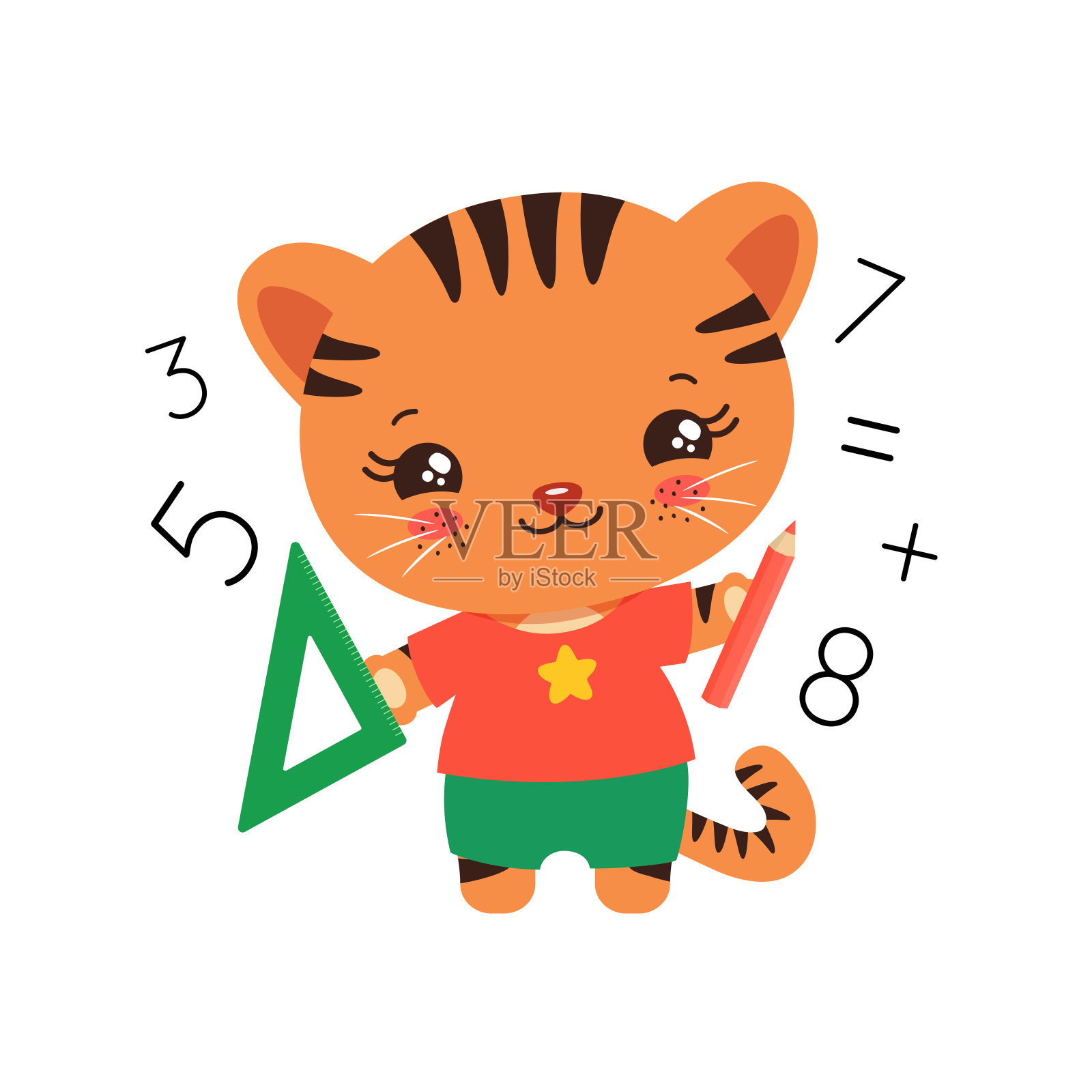 学生老虎拿着铅笔和尺子。数学学习。插画图片素材