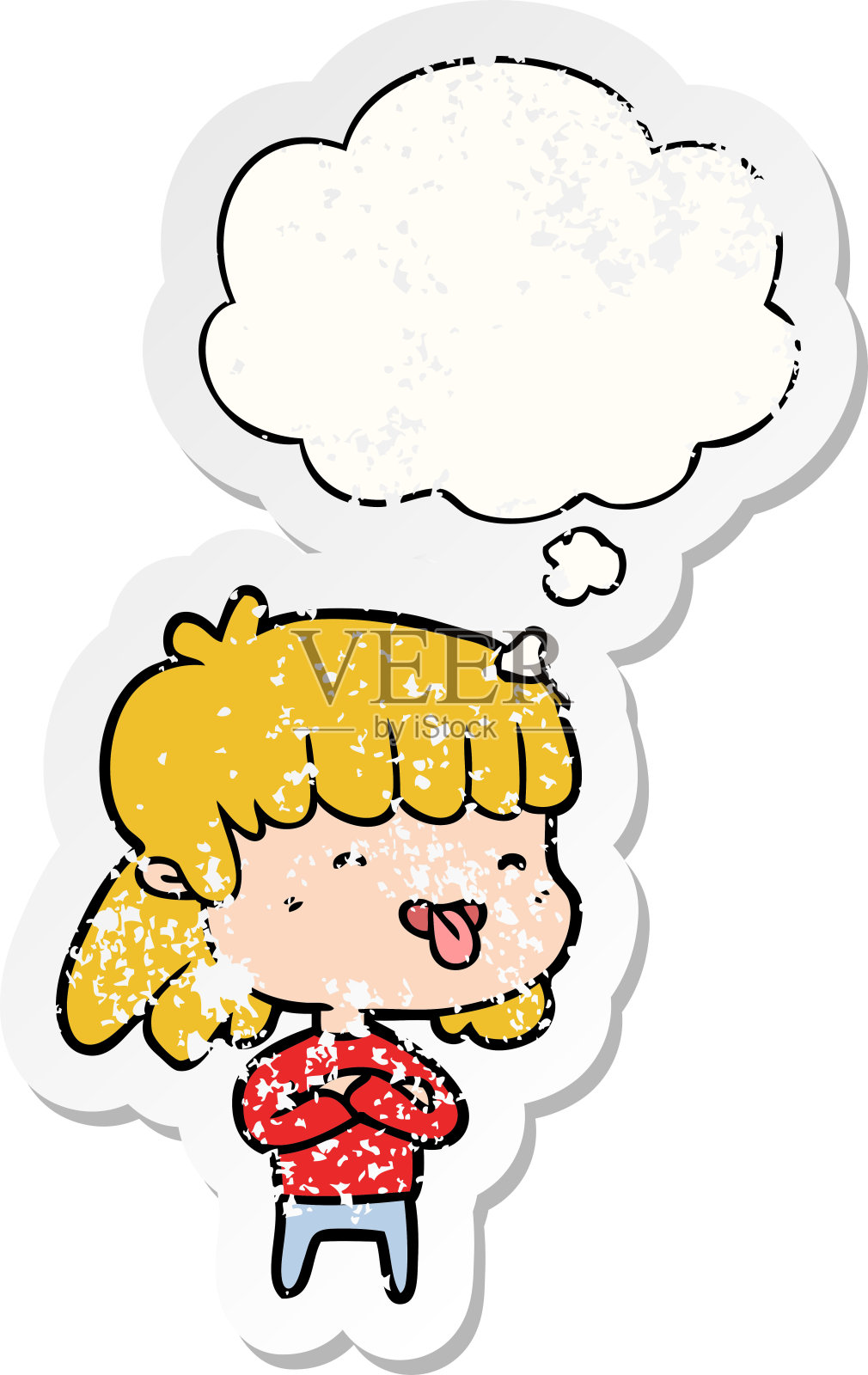 卡通女孩伸出舌头与思想泡沫心疼磨损贴纸设计元素图片