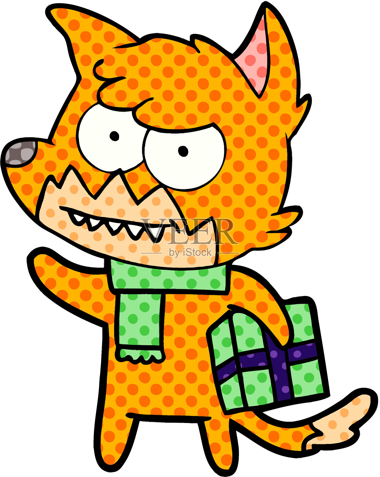 卡通狐狸与圣诞礼物咧嘴笑设计元素图片